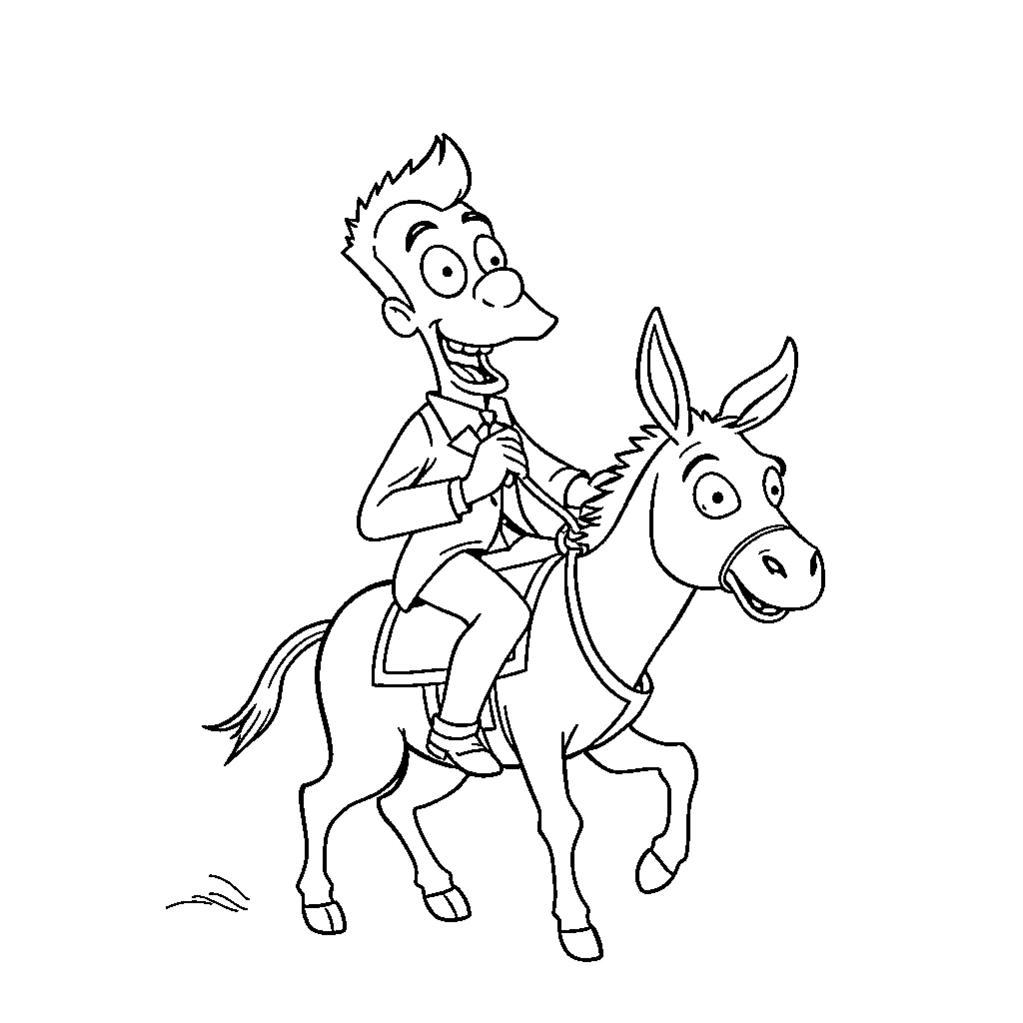 Borat riding a donkey in an animated style Coloring Page (free black-and-white line drawing printable PDF for all, from beginners to advanced learners, including children, teens, adults, and seniors)