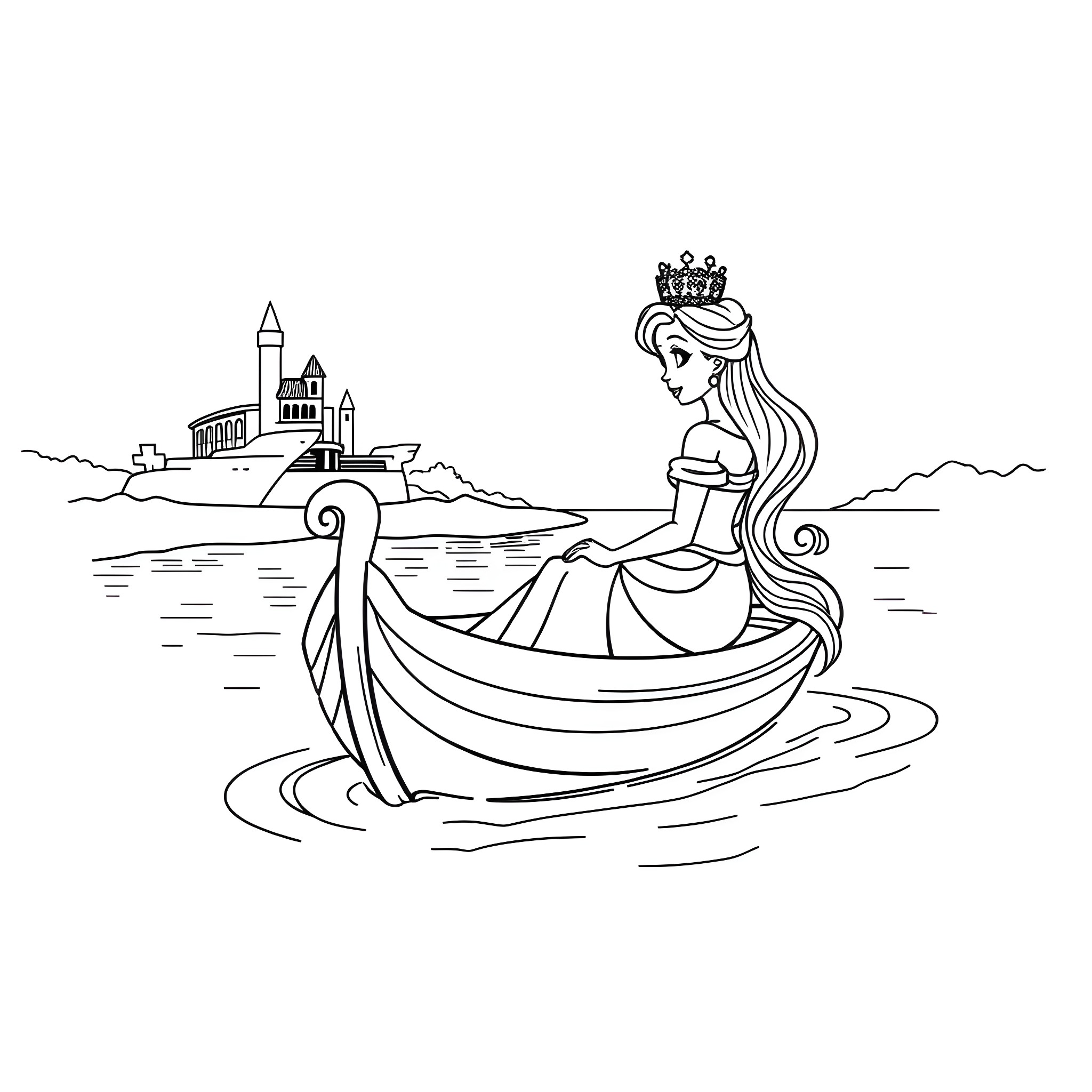 Princess Sailing on a Boat in the Ocean Coloring Page (free black-and-white line drawing printable PDF for all, from beginners to advanced learners, including children, teens, adults, and seniors)