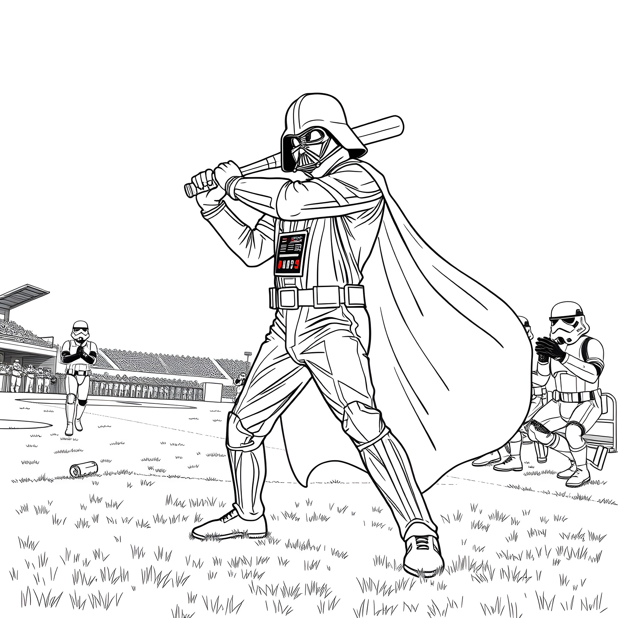 Darth Vader, the Galactic Enforcer, in Action Coloring Page (free black-and-white line drawing printable PDF for all, from beginners to advanced learners, including children, teens, adults, and seniors)