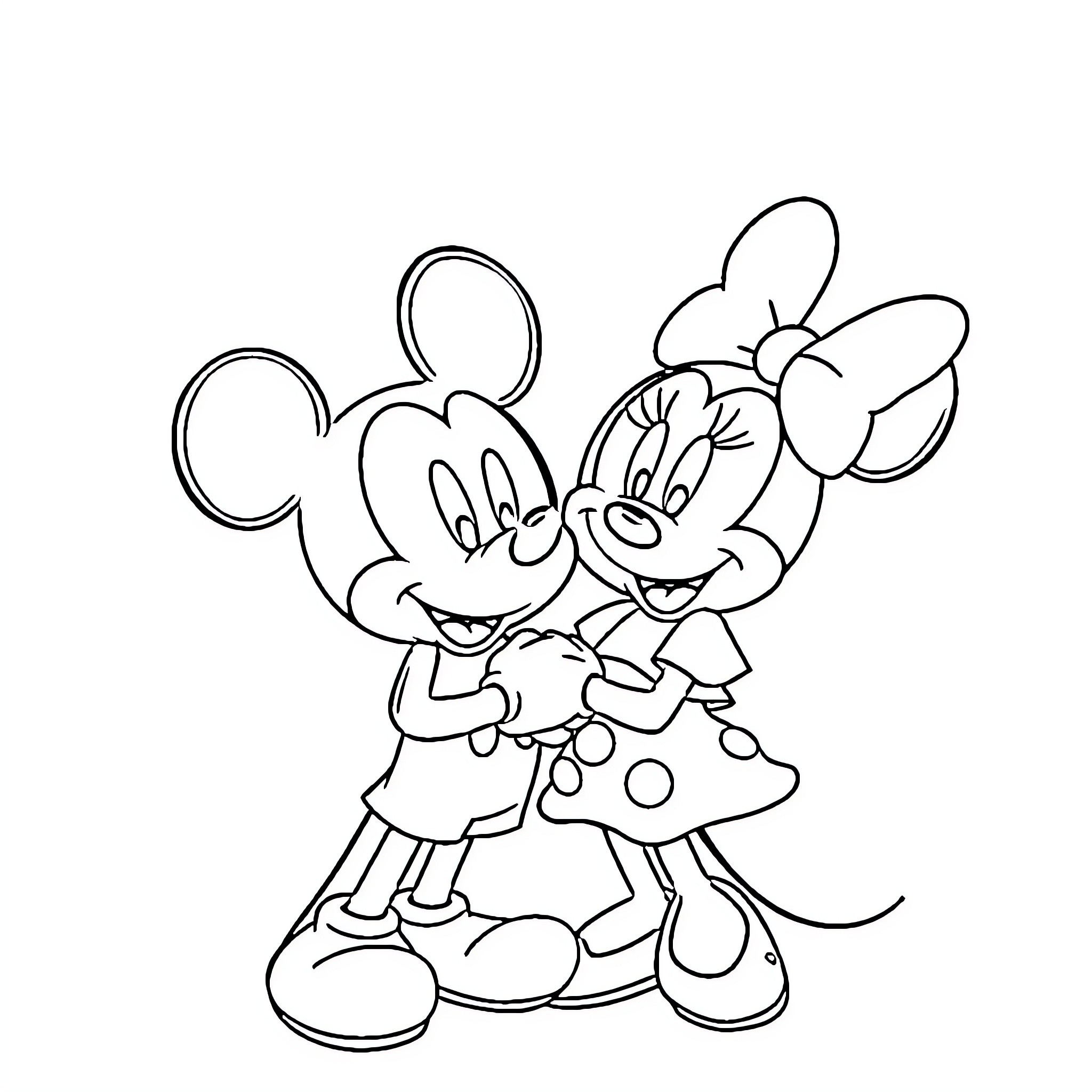Mickey and Minnie in playful embrace Coloring Page (free black-and-white line drawing printable PDF for all, from beginners to advanced learners, including children, teens, adults, and seniors)