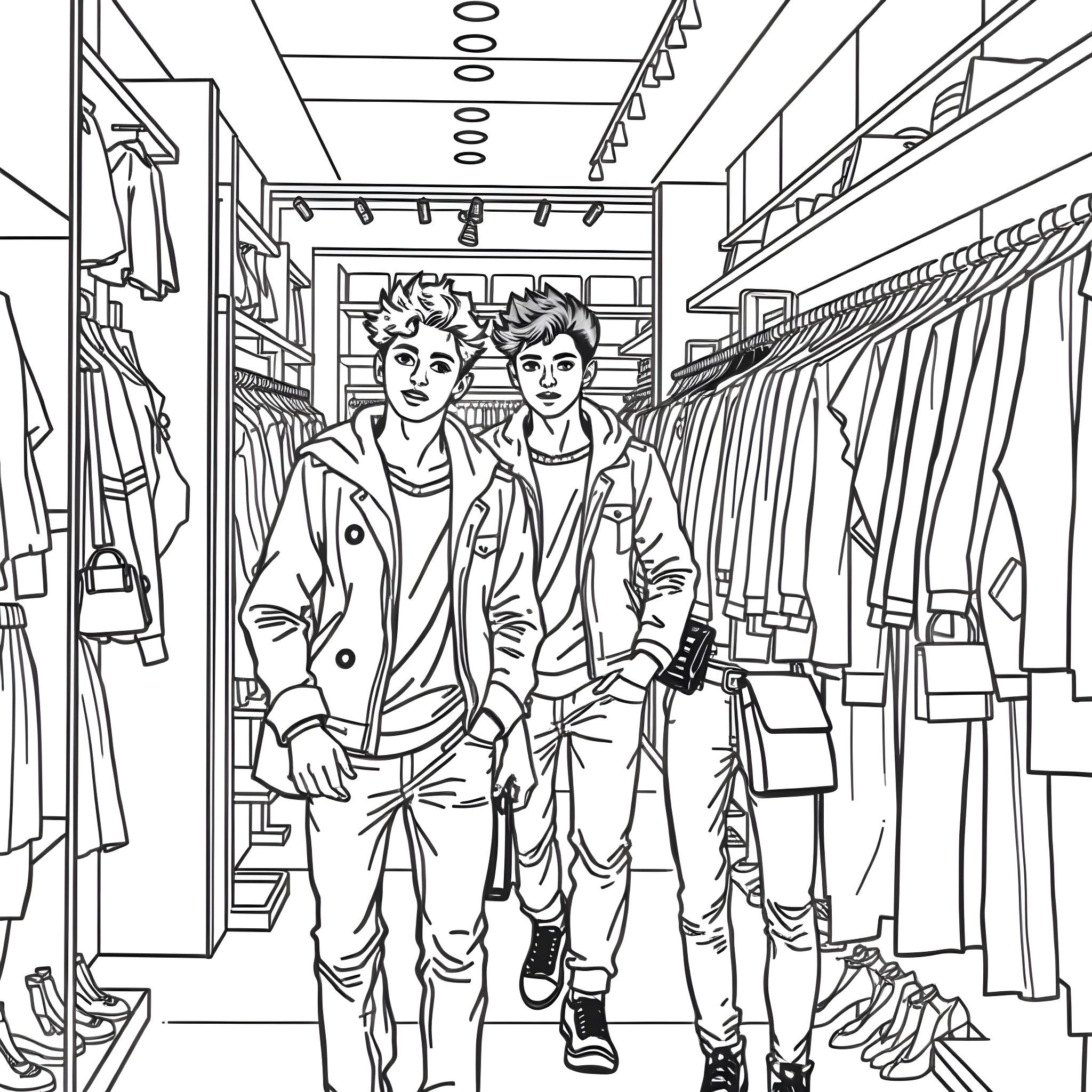 Teen Guys Browsing Clothes at Retail Store Coloring Page (free black-and-white line drawing printable PDF for all, from beginners to advanced learners, including children, teens, adults, and seniors)