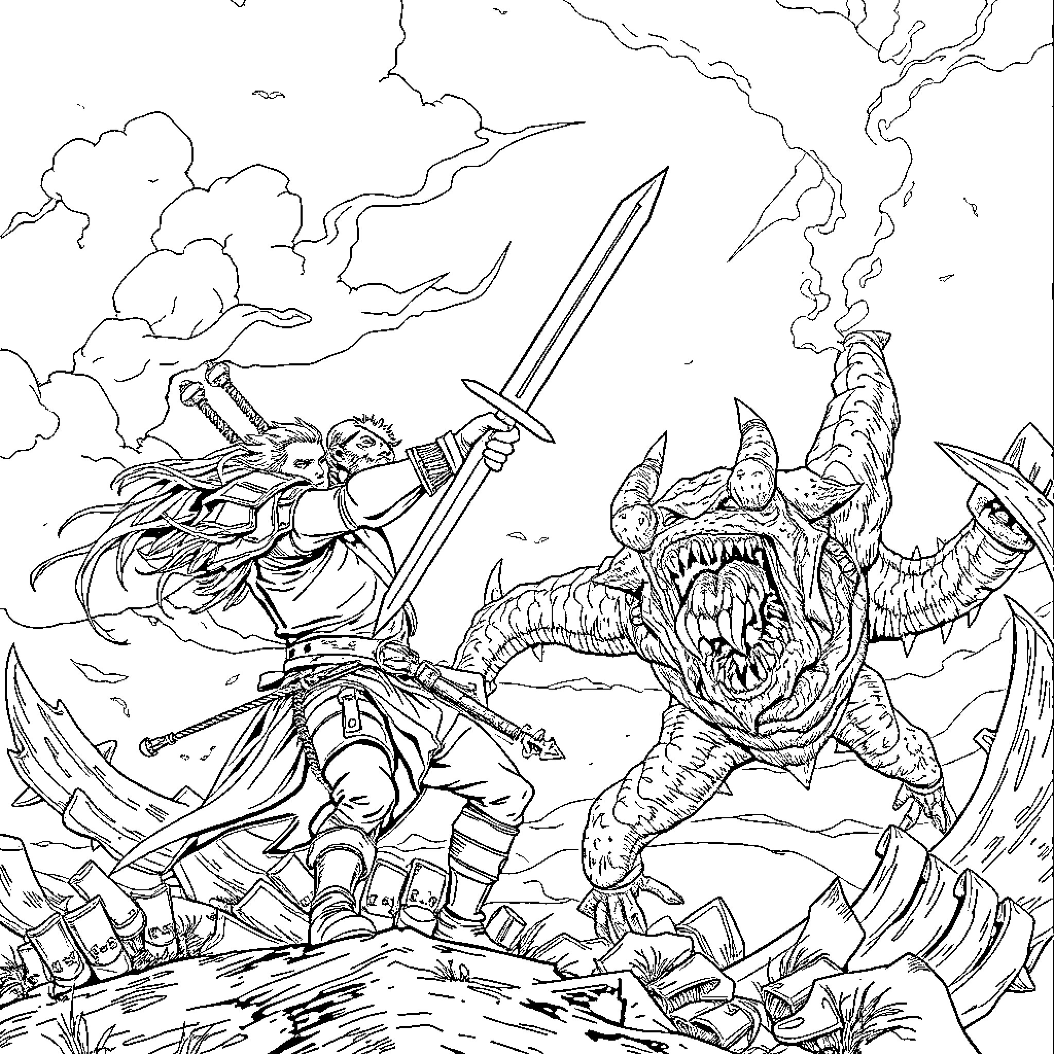 Geralt's Epic Battle with a Monstrous Foe Coloring Page (free black-and-white line drawing printable PDF for all, from beginners to advanced learners, including children, teens, adults, and seniors)