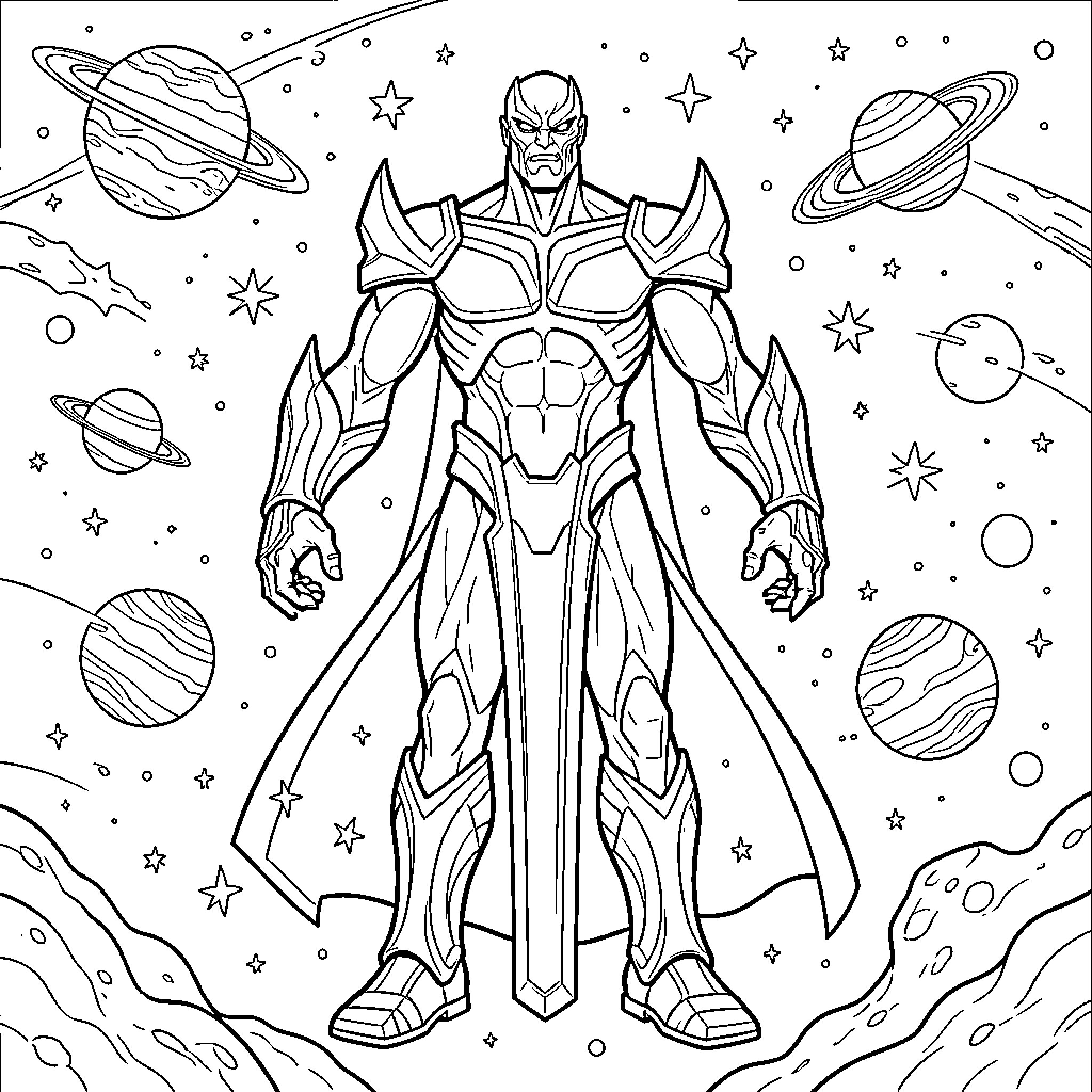 Galactus standing majestically amidst planets and stars Coloring Page (free black-and-white line drawing printable PDF for all, from beginners to advanced learners, including children, teens, adults, and seniors)