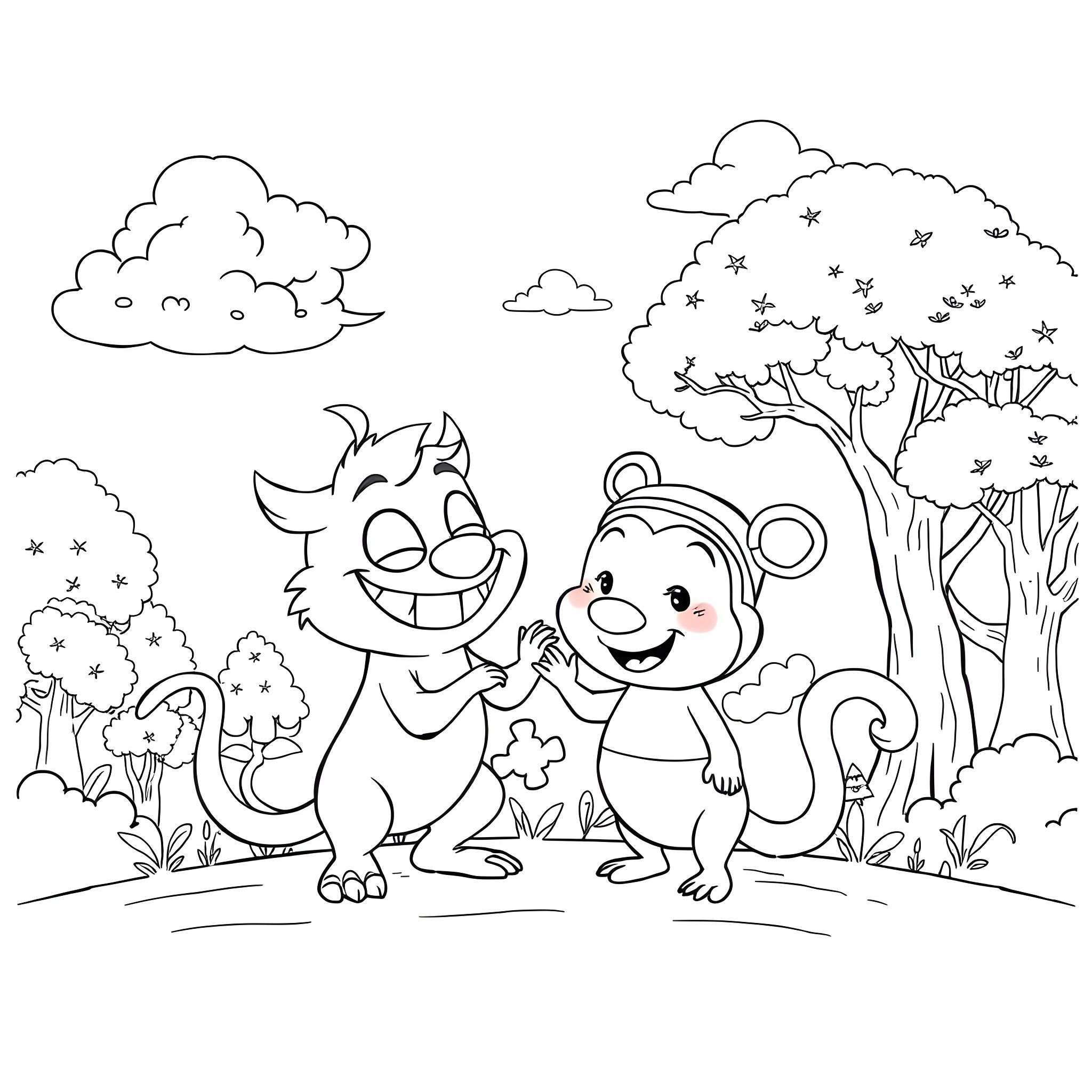 Bittergiggle's Whimsical Forest Adventure Coloring Page (free black-and-white line drawing printable PDF for all, from beginners to advanced learners, including children, teens, adults, and seniors)
