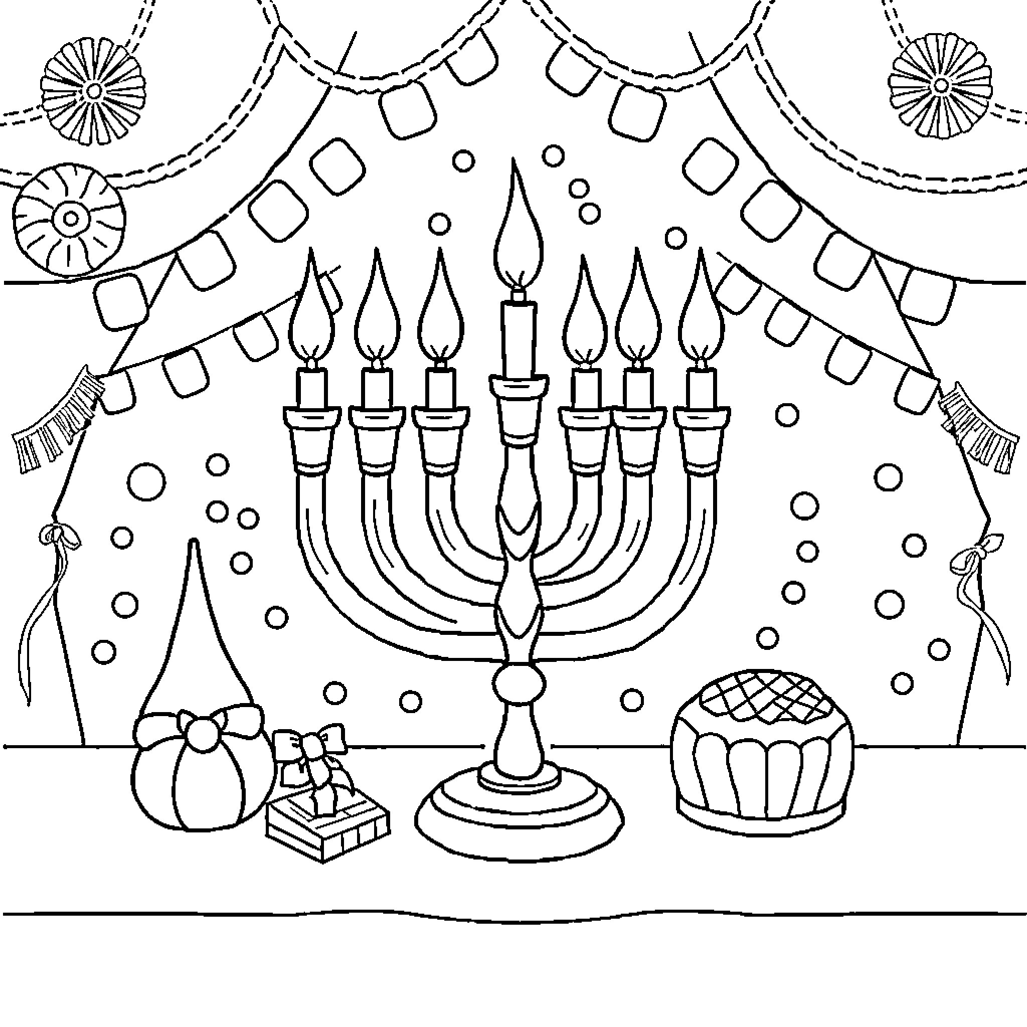 Hanukkah Celebration with Menorah and Festive Decorations Coloring Page (free black-and-white line drawing printable PDF for all, from beginners to advanced learners, including children, teens, adults, and seniors)