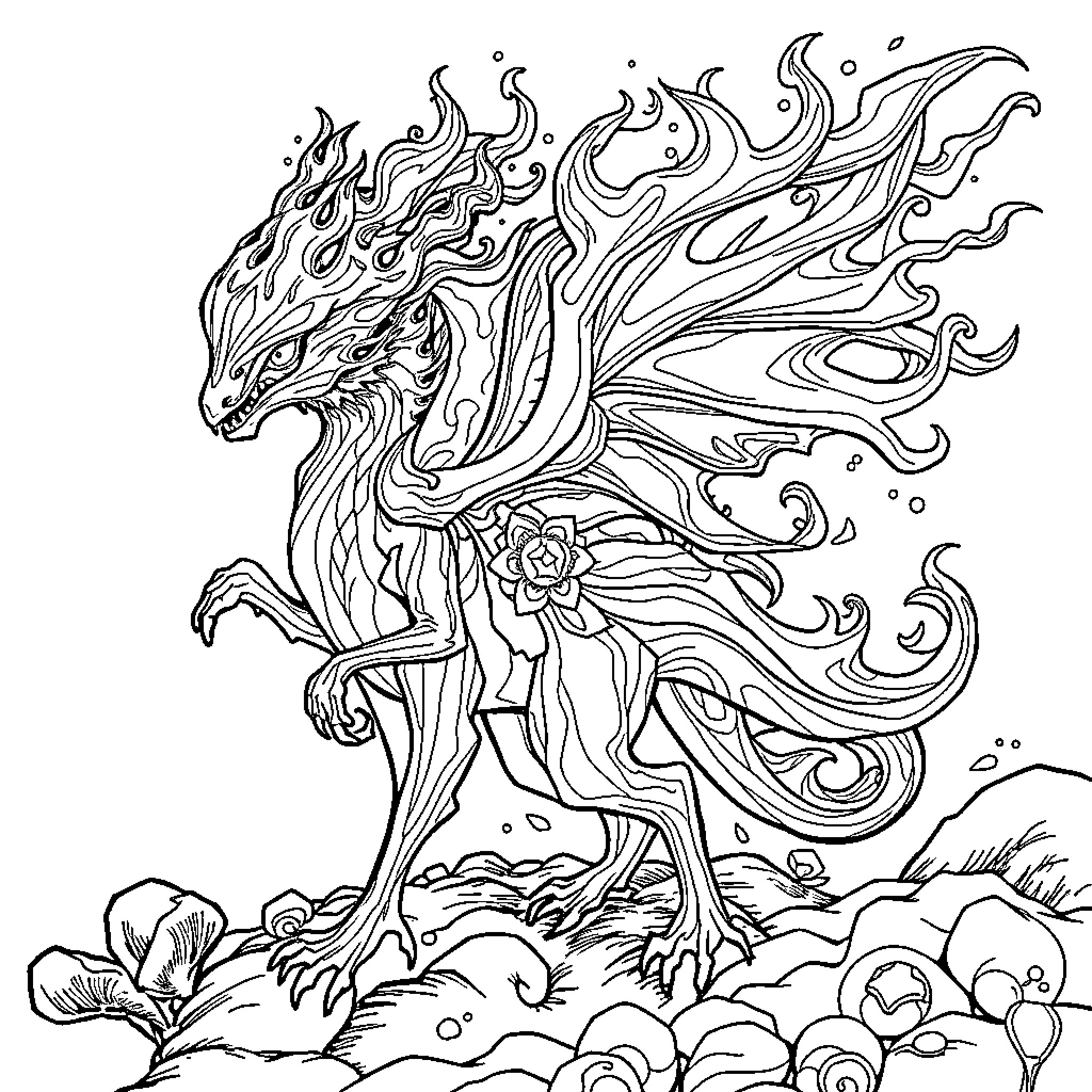 Fire Creature Exploring Mythical Landscape Coloring Page (free black-and-white line drawing printable PDF for all, from beginners to advanced learners, including children, teens, adults, and seniors)