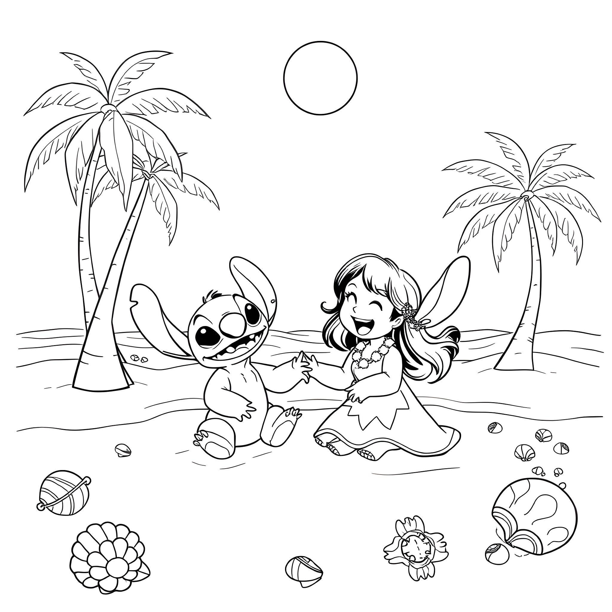 Lilo playing with Stitch on the beach Coloring Page (free black-and-white line drawing printable PDF for all, from beginners to advanced learners, including children, teens, adults, and seniors)