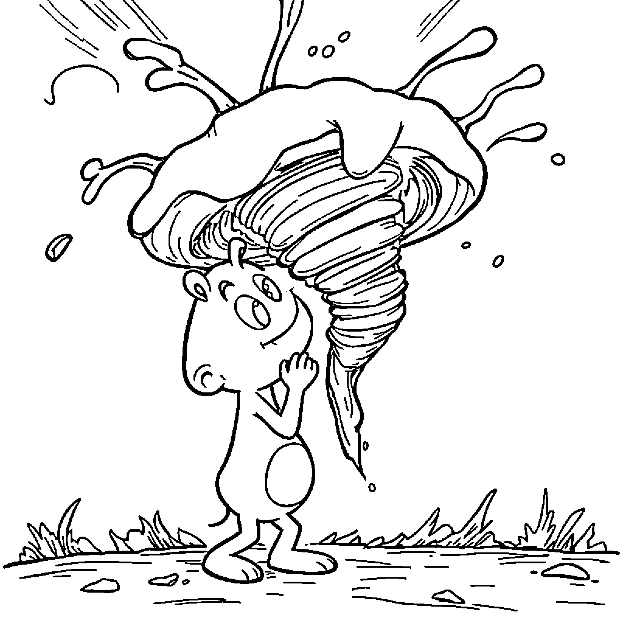 Poo Tornado Causing Chaos in the Park Coloring Page (free black-and-white line drawing printable PDF for all, from beginners to advanced learners, including children, teens, adults, and seniors)