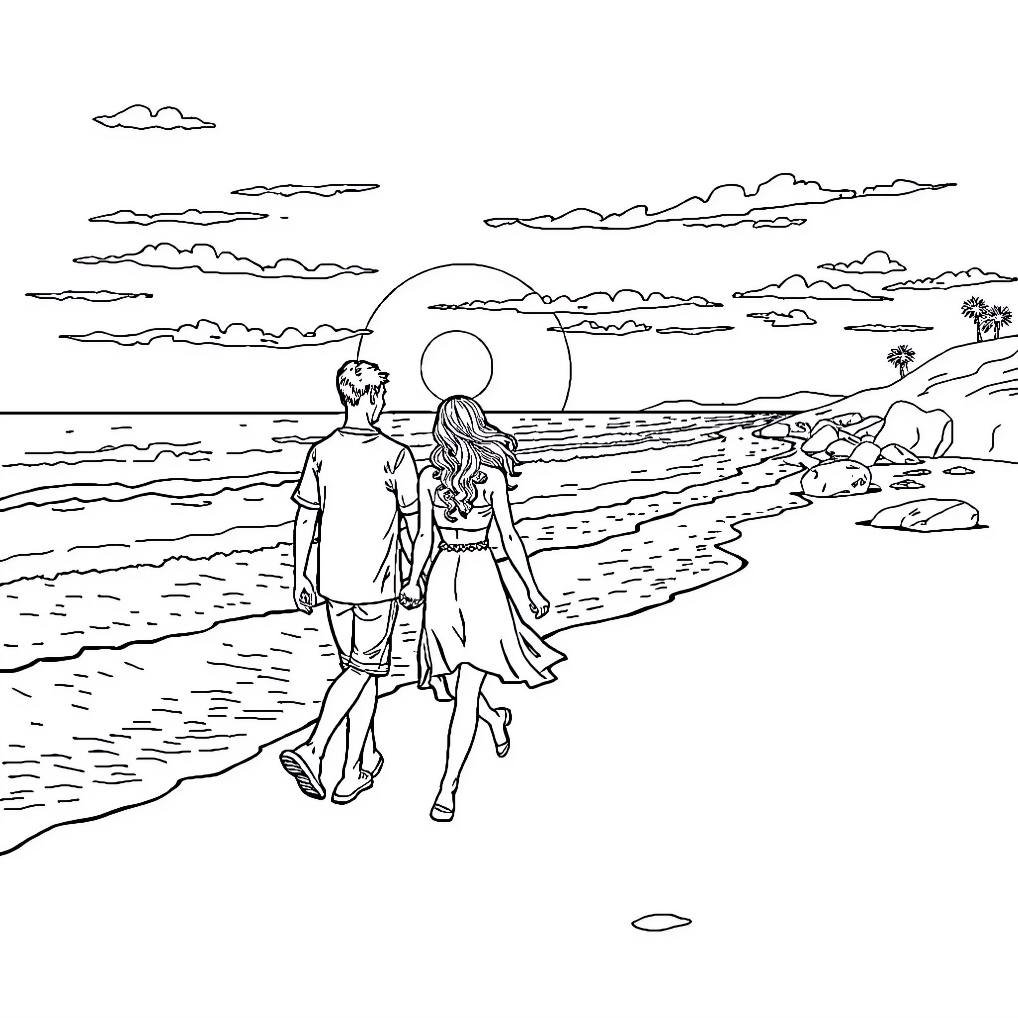 Couple enjoying a sunset walk on the beach Coloring Page (free black-and-white line drawing printable PDF for all, from beginners to advanced learners, including children, teens, adults, and seniors)