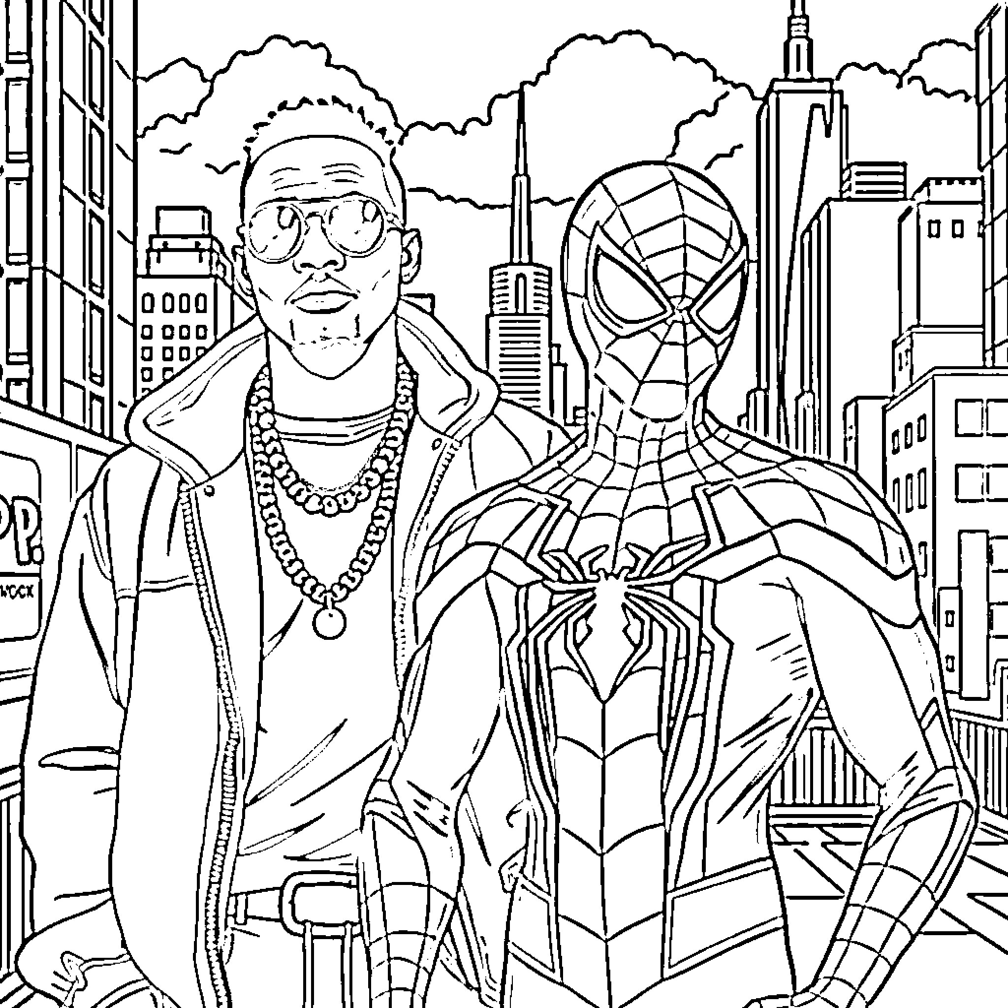 Soulja Boy and Spider-Man in the City Coloring Page (free black-and-white line drawing printable PDF for all, from beginners to advanced learners, including children, teens, adults, and seniors)