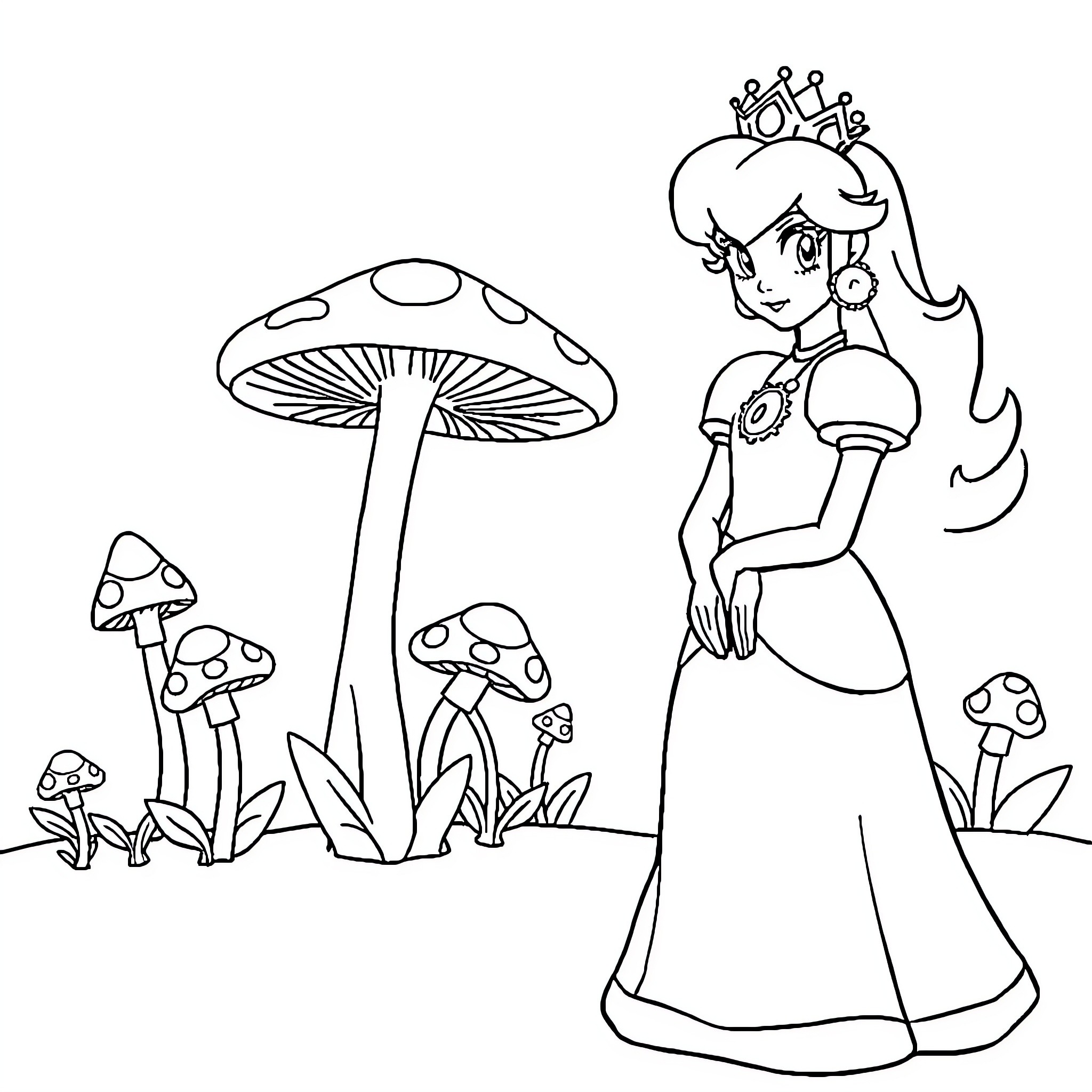 Princess exploring the enchanted mushroom forest Coloring Page (free black-and-white line drawing printable PDF for all, from beginners to advanced learners, including children, teens, adults, and seniors)