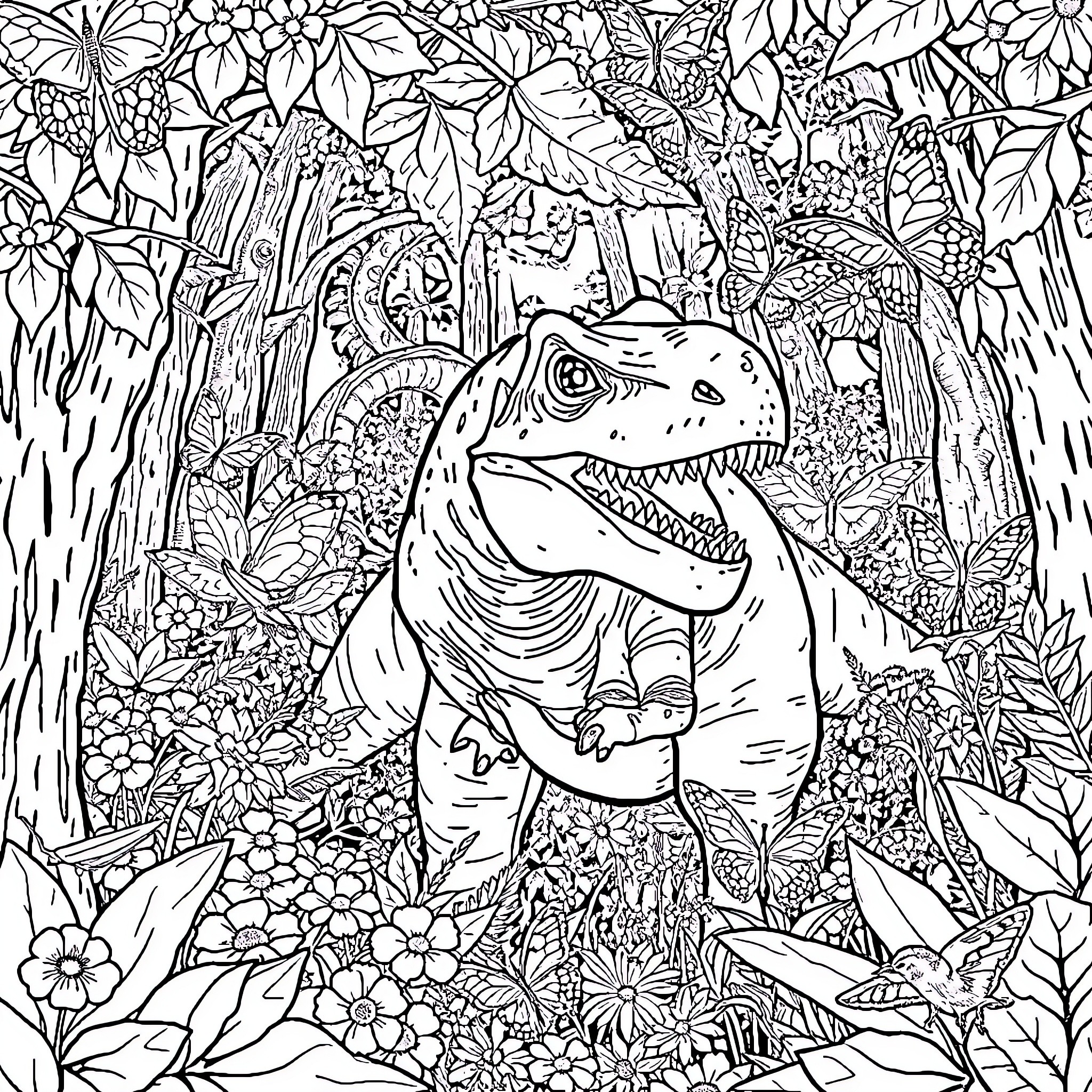 Dinosaur exploring lush floral landscape Coloring Page (free black-and-white line drawing printable PDF for all, from beginners to advanced learners, including children, teens, adults, and seniors)