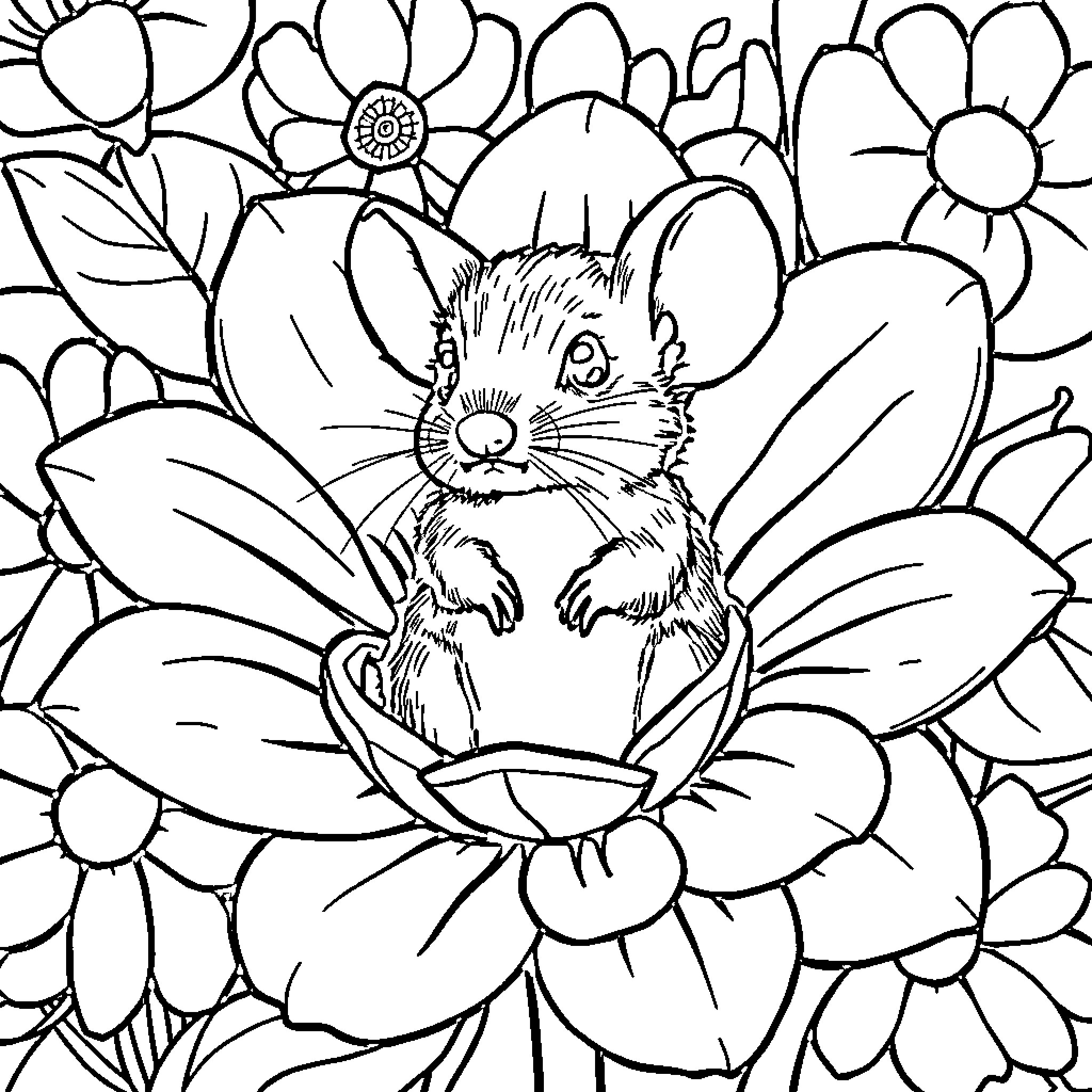 Mouse hidden in floral garden Coloring Page (free black-and-white line drawing printable PDF for all, from beginners to advanced learners, including children, teens, adults, and seniors)