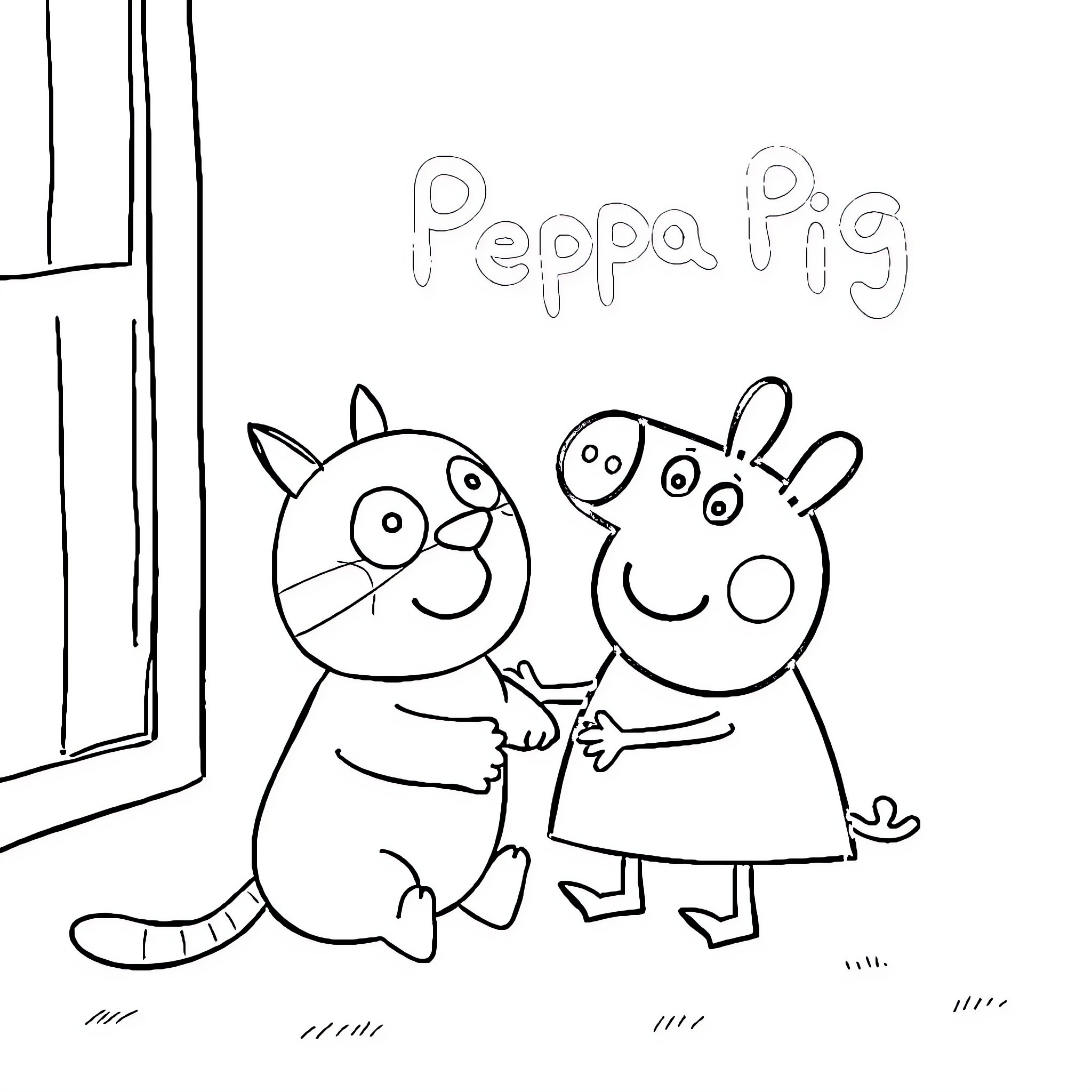Peppa Pig and friend sharing a happy moment Coloring Page (free black-and-white line drawing printable PDF for all, from beginners to advanced learners, including children, teens, adults, and seniors)