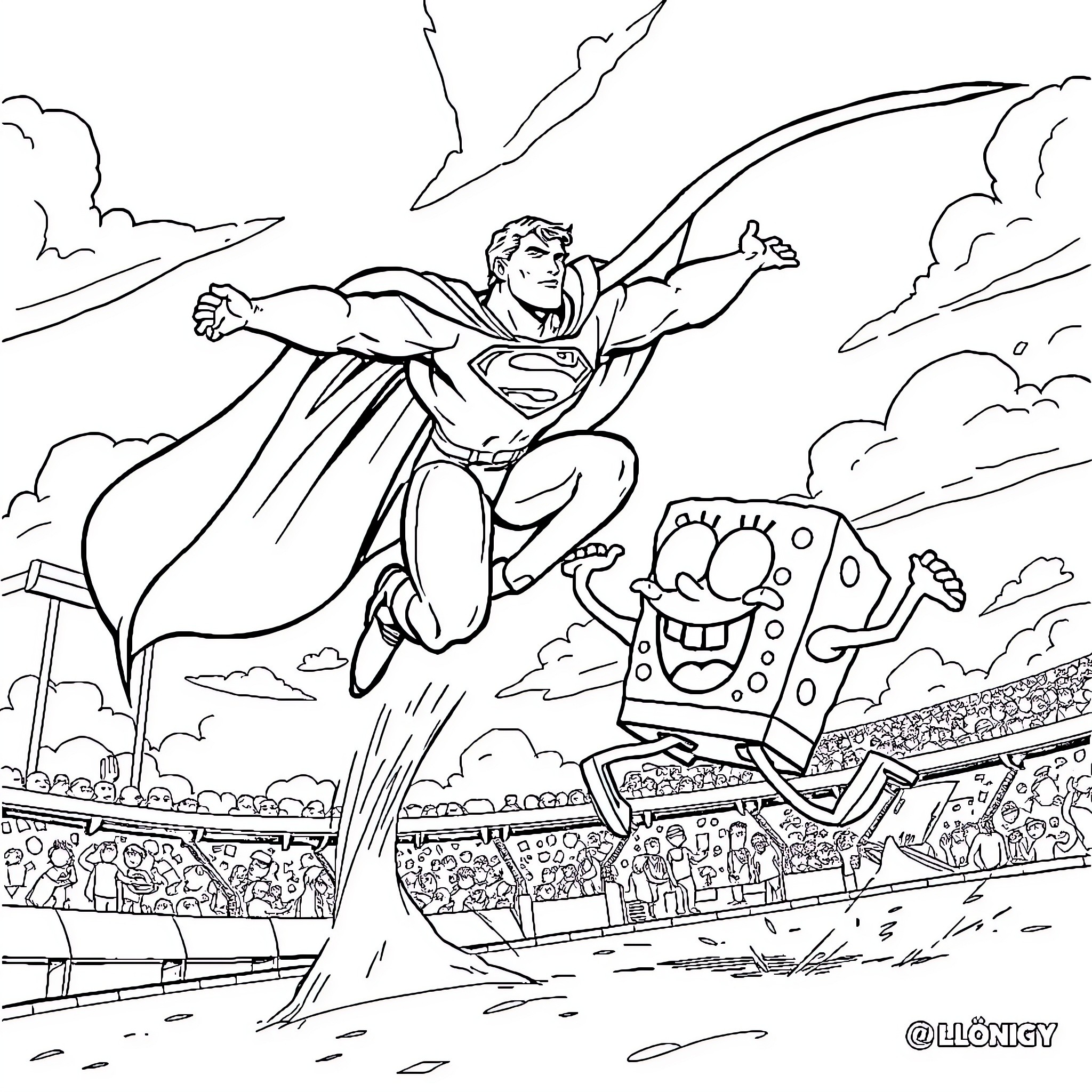 Superman soaring over a cheering crowd in an epic contest Coloring Page (free black-and-white line drawing printable PDF for all, from beginners to advanced learners, including children, teens, adults, and seniors)