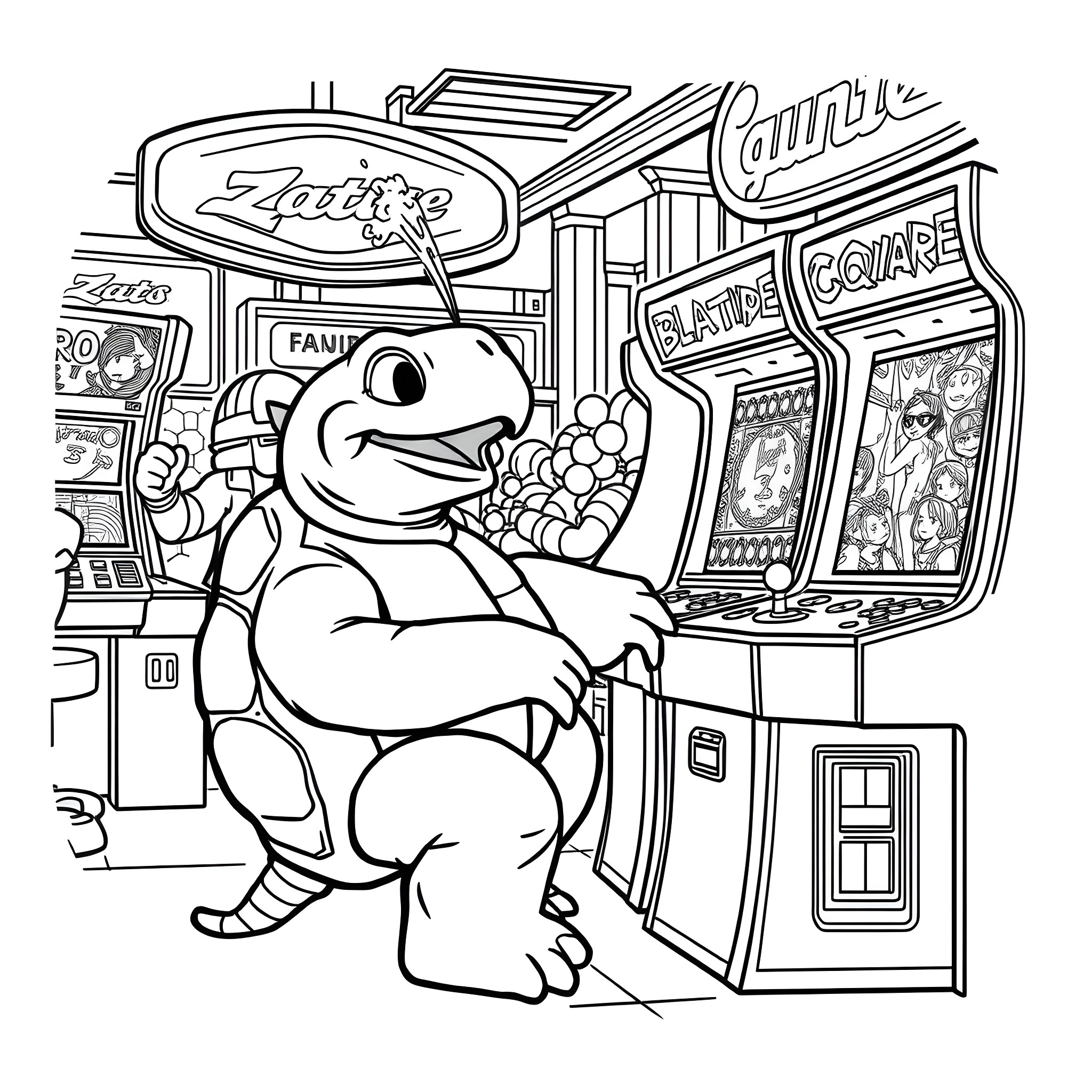 Blastoise playing arcade games in the game room Coloring Page (free black-and-white line drawing printable PDF for all, from beginners to advanced learners, including children, teens, adults, and seniors)