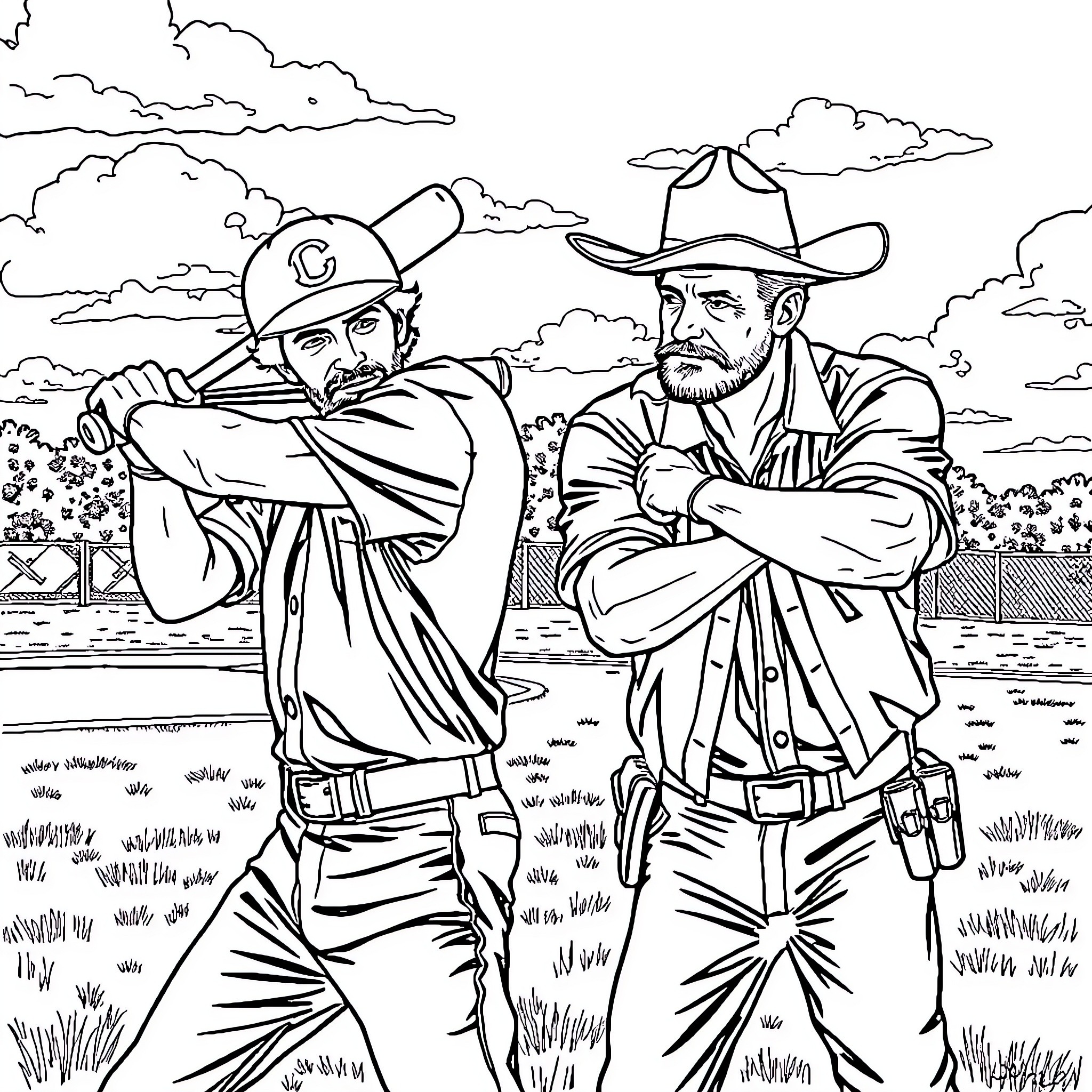 John Locke's Western Adventure with a Companion Coloring Page (free black-and-white line drawing printable PDF for all, from beginners to advanced learners, including children, teens, adults, and seniors)
