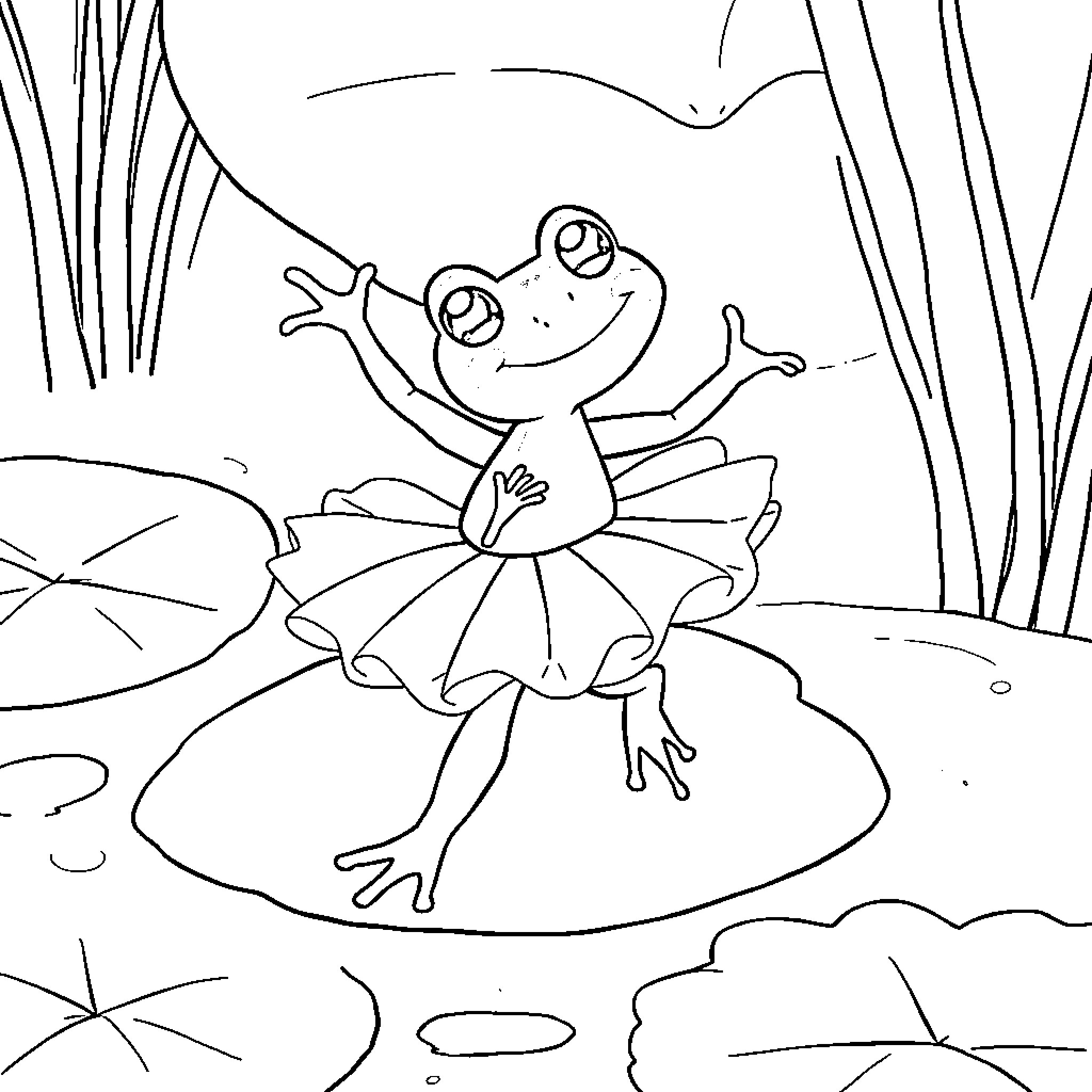 Frog dancing joyfully on lily pad Coloring Page (free black-and-white line drawing printable PDF for all, from beginners to advanced learners, including children, teens, adults, and seniors)