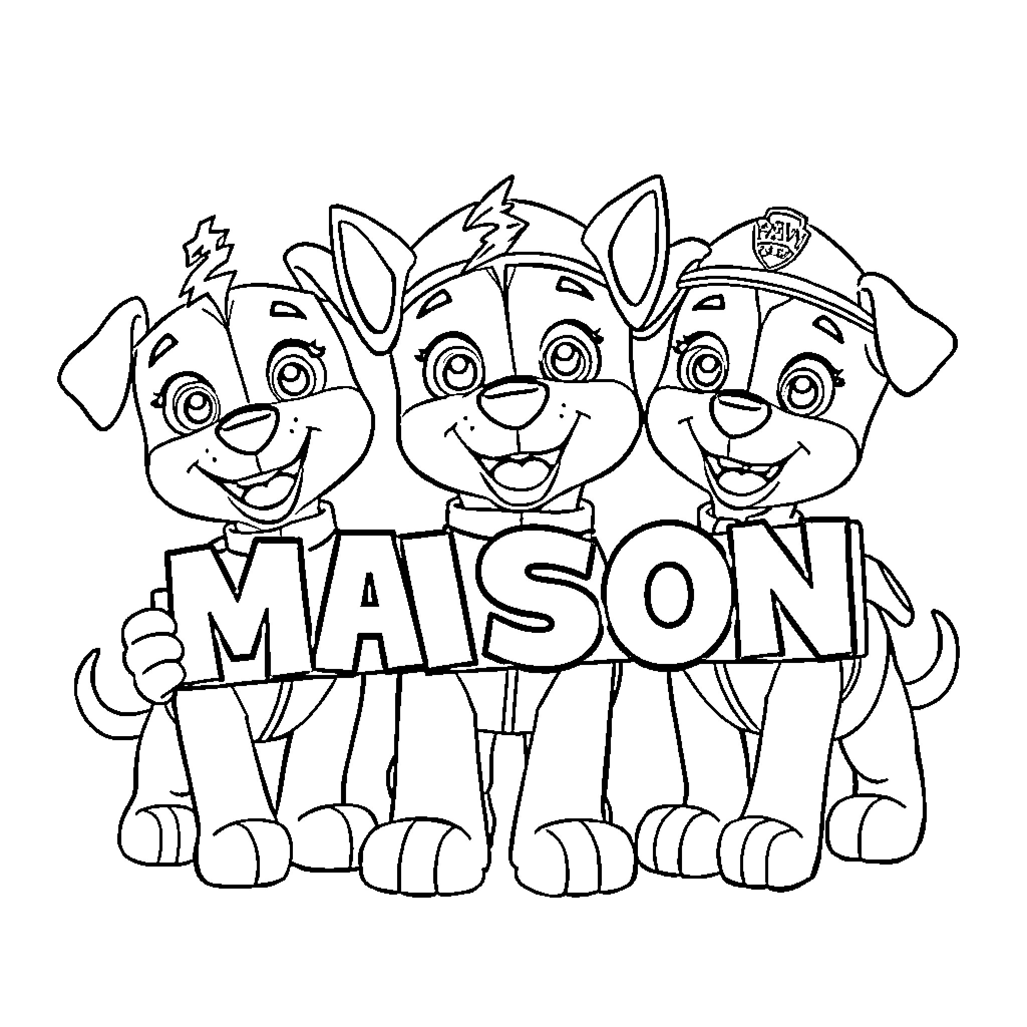 Paw Patrol Puppies Posing Together Coloring Page (free black-and-white line drawing printable PDF for all, from beginners to advanced learners, including children, teens, adults, and seniors)