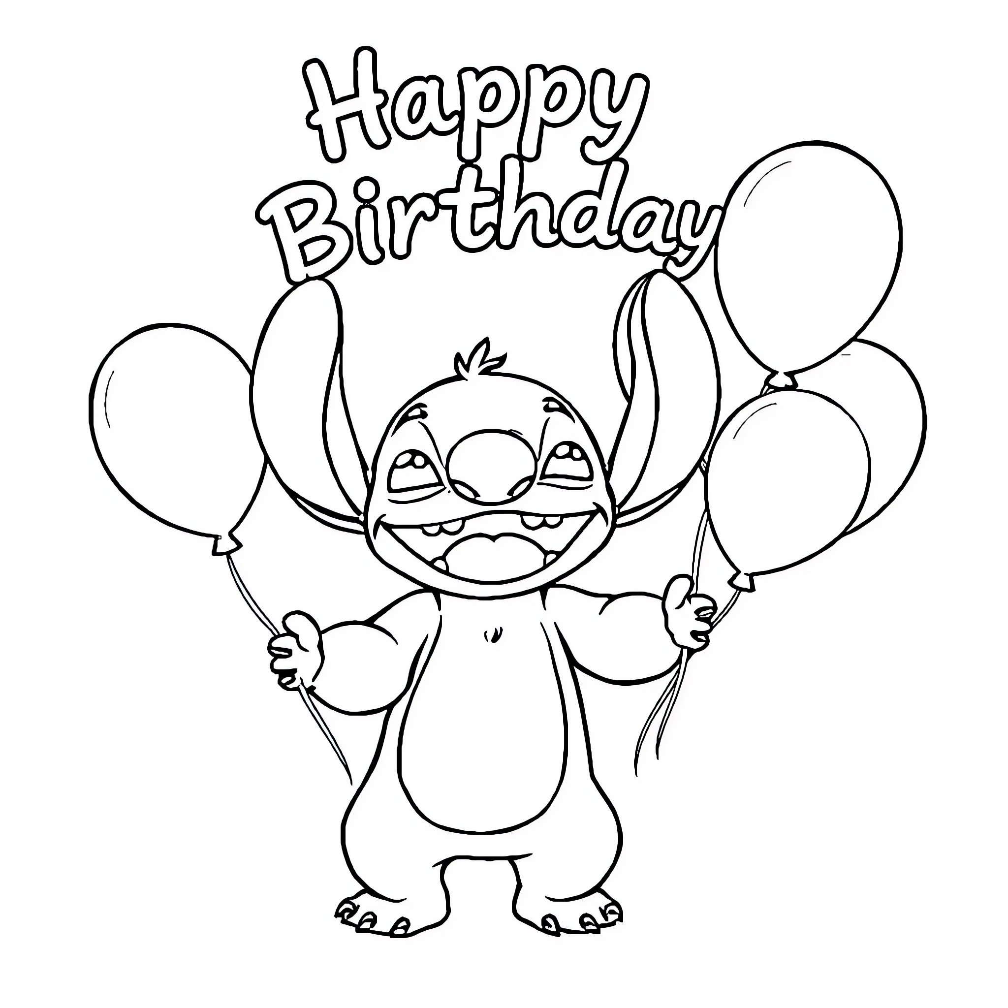 Stitch celebrating happy birthday with balloons Coloring Page (free black-and-white line drawing printable PDF for all, from beginners to advanced learners, including children, teens, adults, and seniors)