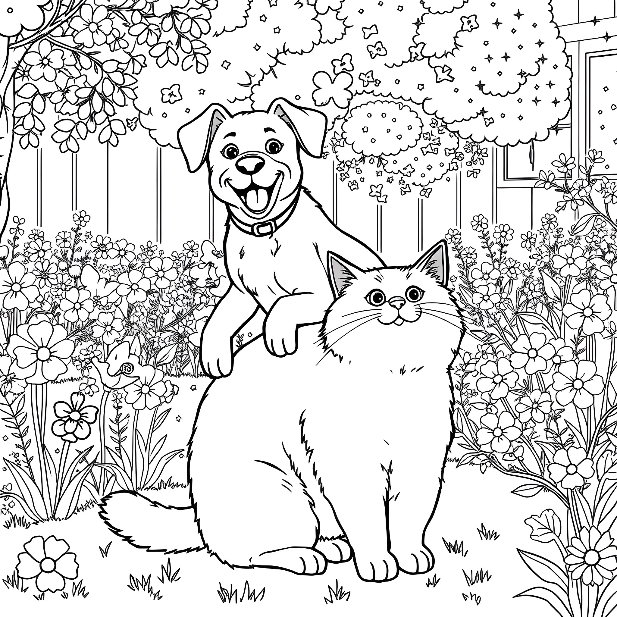 Dog and Cat playing in a Flower Garden Coloring Page (free black-and-white line drawing printable PDF for all, from beginners to advanced learners, including children, teens, adults, and seniors)