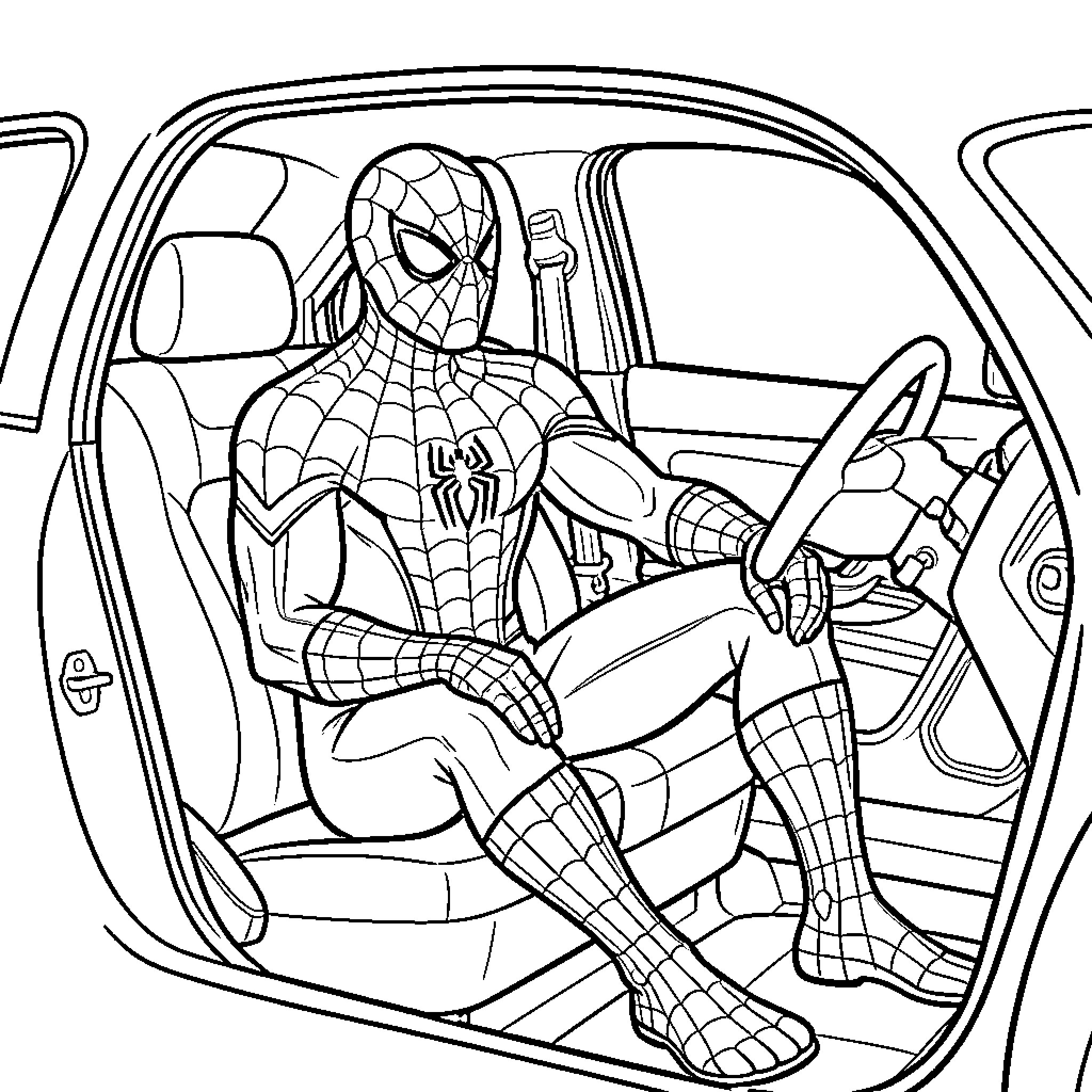 Spiderman sitting in the driver seat of a car Coloring Page (free black-and-white line drawing printable PDF for all, from beginners to advanced learners, including children, teens, adults, and seniors)