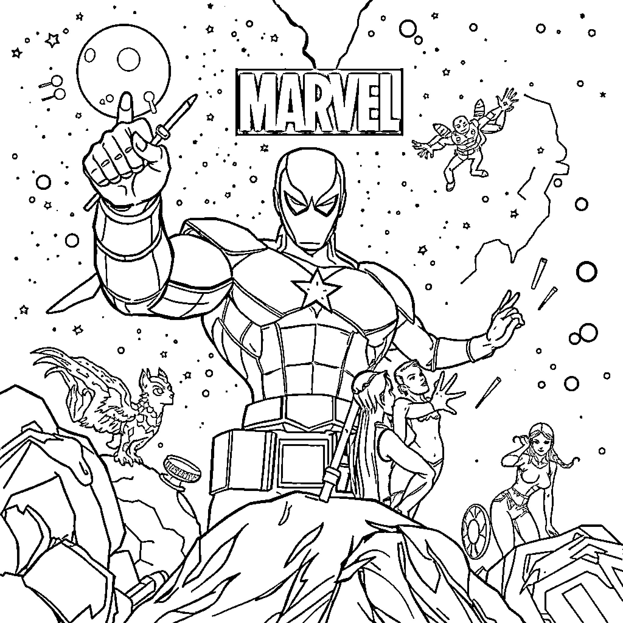 Marvel Heroes in Cosmic Cosmic Scene Coloring Page (free black-and-white line drawing printable PDF for all, from beginners to advanced learners, including children, teens, adults, and seniors)