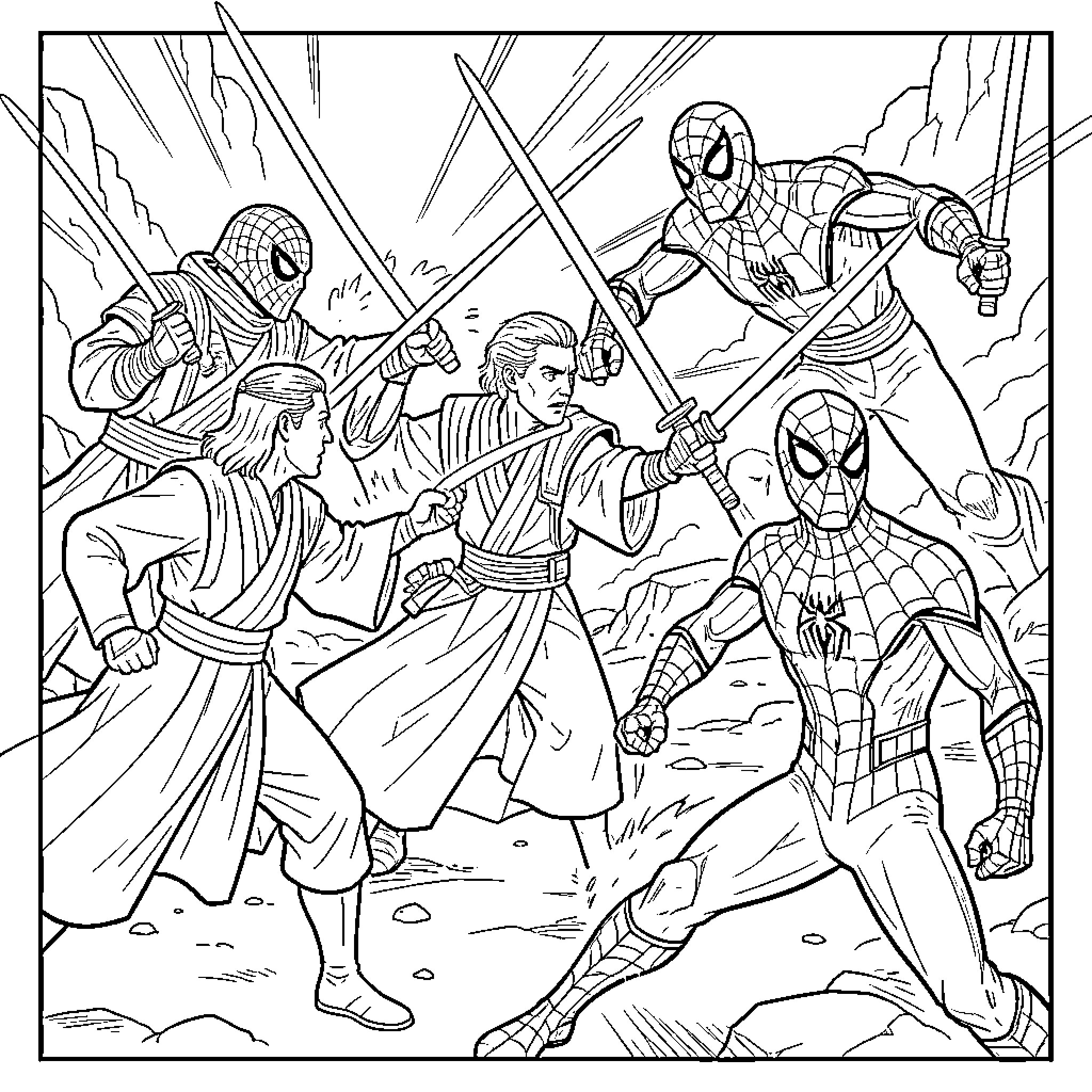Jedi engaging in a fierce sword duel with heroes Coloring Page (free black-and-white line drawing printable PDF for all, from beginners to advanced learners, including children, teens, adults, and seniors)