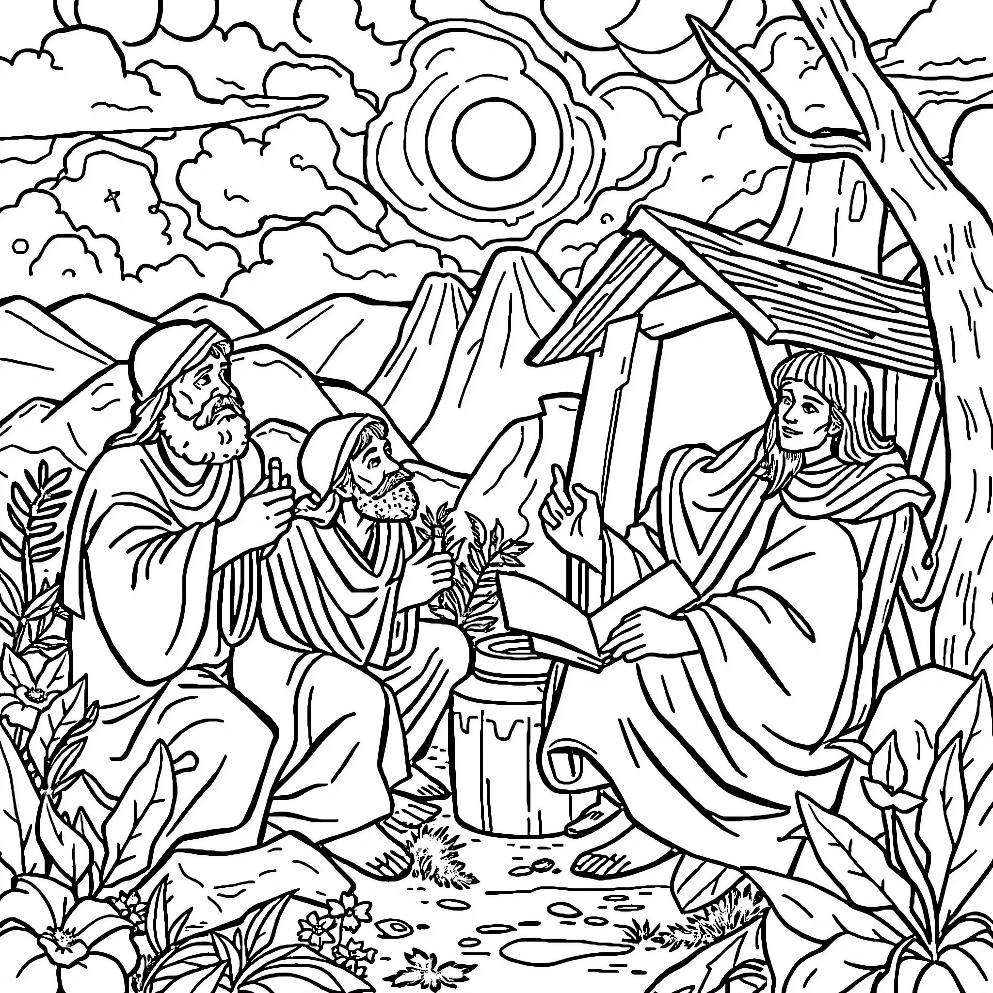 Bible Story of sacred family scene in nature Coloring Page (free black-and-white line drawing printable PDF for all, from beginners to advanced learners, including children, teens, adults, and seniors)