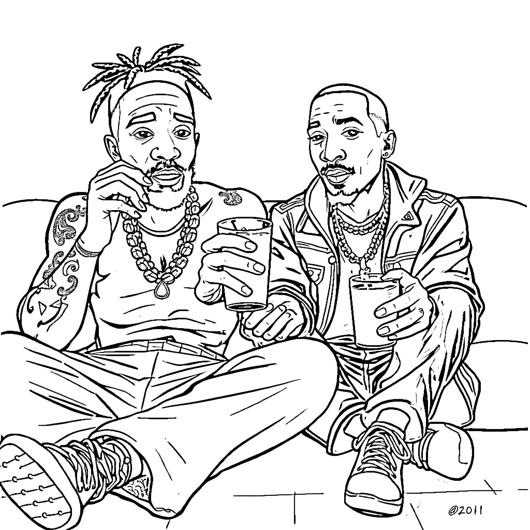 2pac enjoying conversations with friend Coloring Page (free black-and-white line drawing printable PDF for all, from beginners to advanced learners, including children, teens, adults, and seniors)