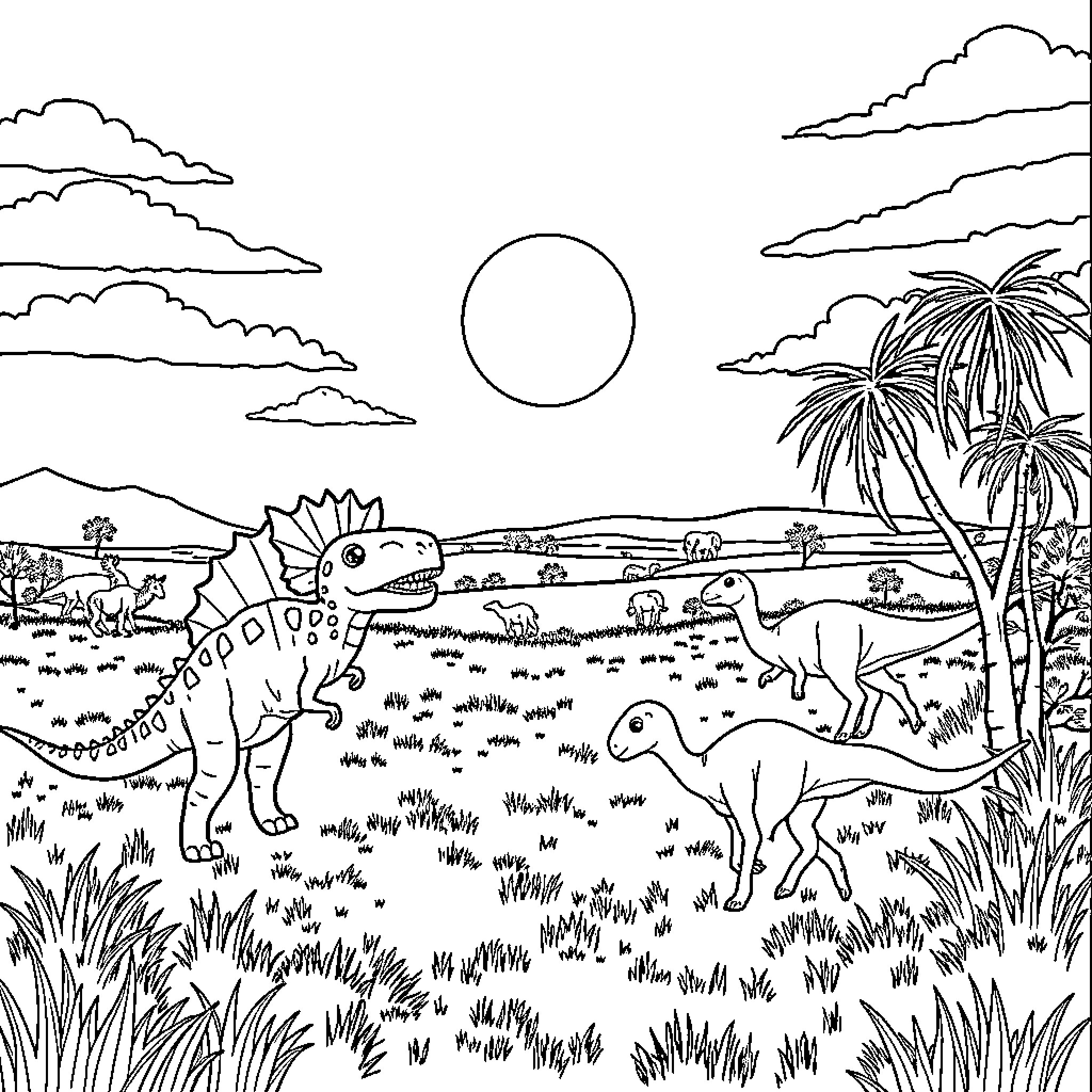 Dinosaurs roaming in the prehistoric landscape Coloring Page (free black-and-white line drawing printable PDF for all, from beginners to advanced learners, including children, teens, adults, and seniors)