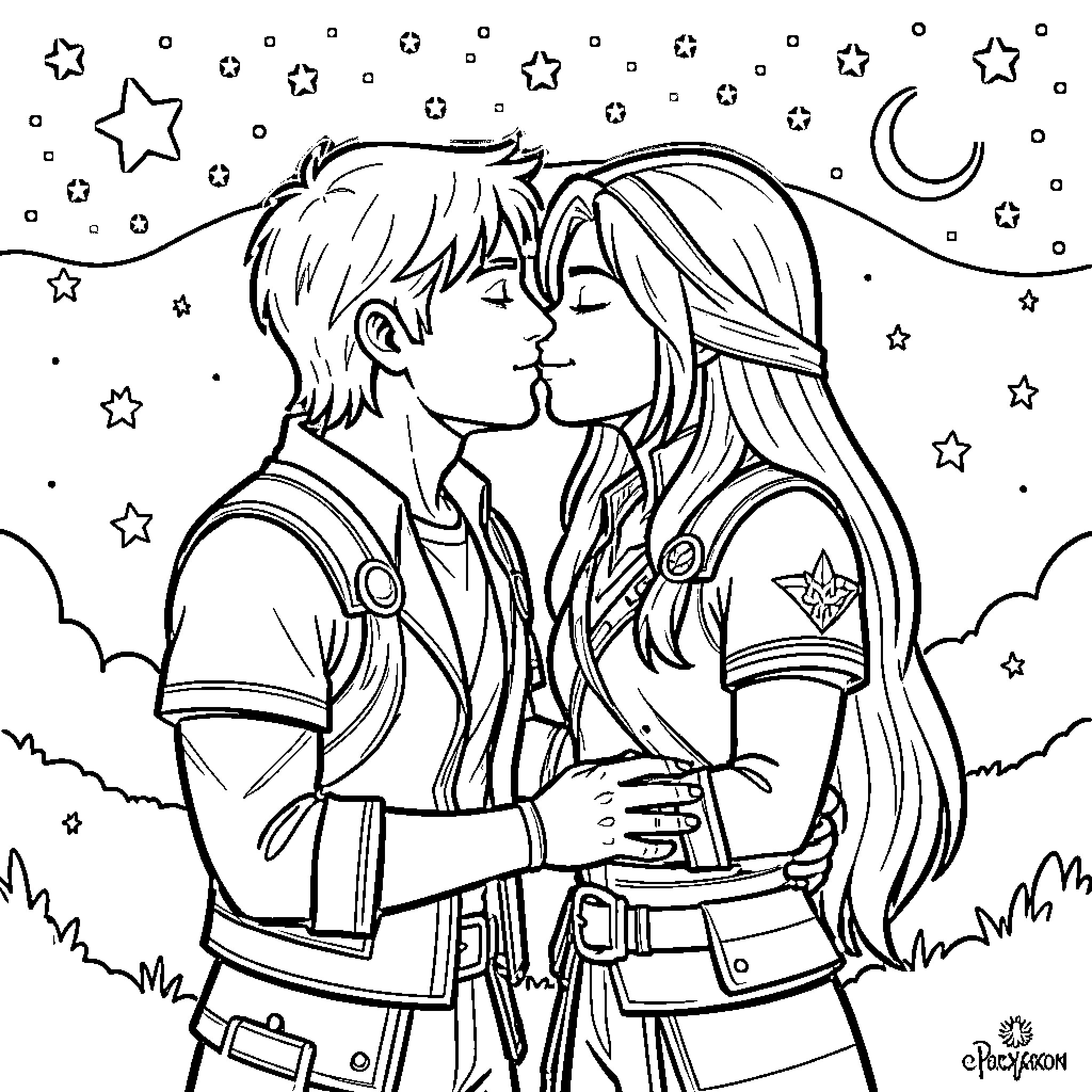 Percy Jackson and a girl sharing a romantic kiss Coloring Page (free black-and-white line drawing printable PDF for all, from beginners to advanced learners, including children, teens, adults, and seniors)