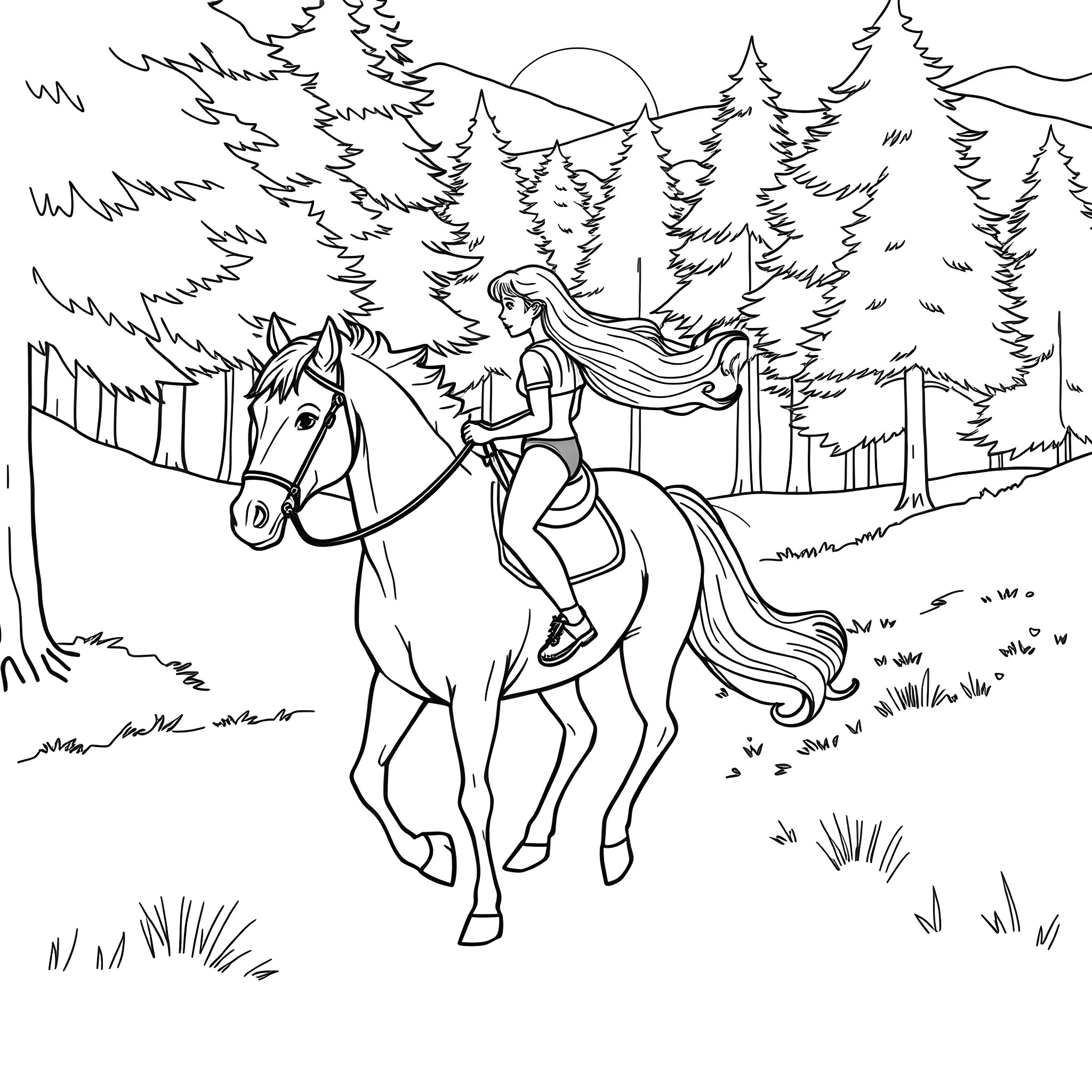 Girl riding a horse in a serene forest landscape Coloring Page (free black-and-white line drawing printable PDF for all, from beginners to advanced learners, including children, teens, adults, and seniors)