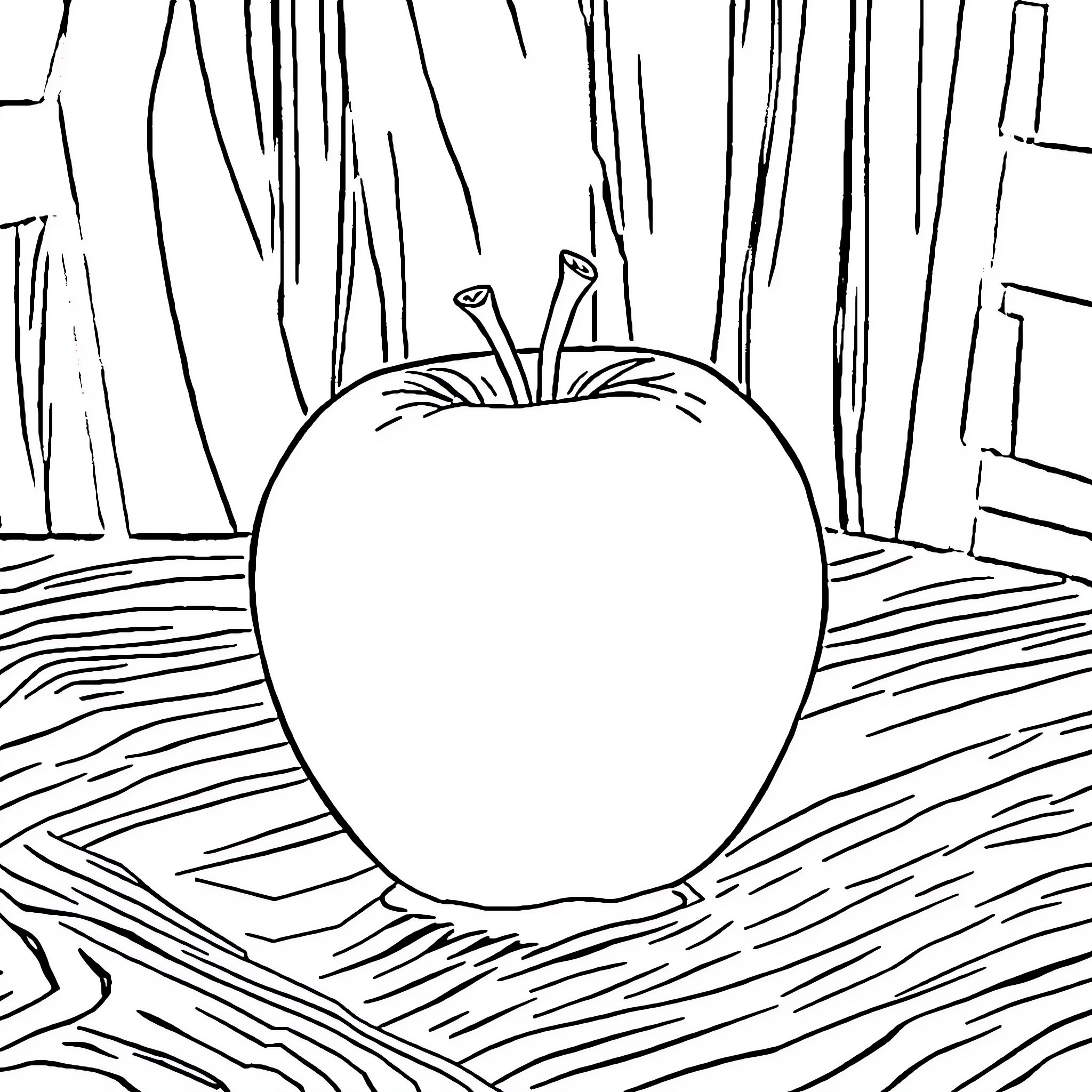 Apple on a Wooden Surface Coloring Page (free black-and-white line drawing printable PDF for all, from beginners to advanced learners, including children, teens, adults, and seniors)