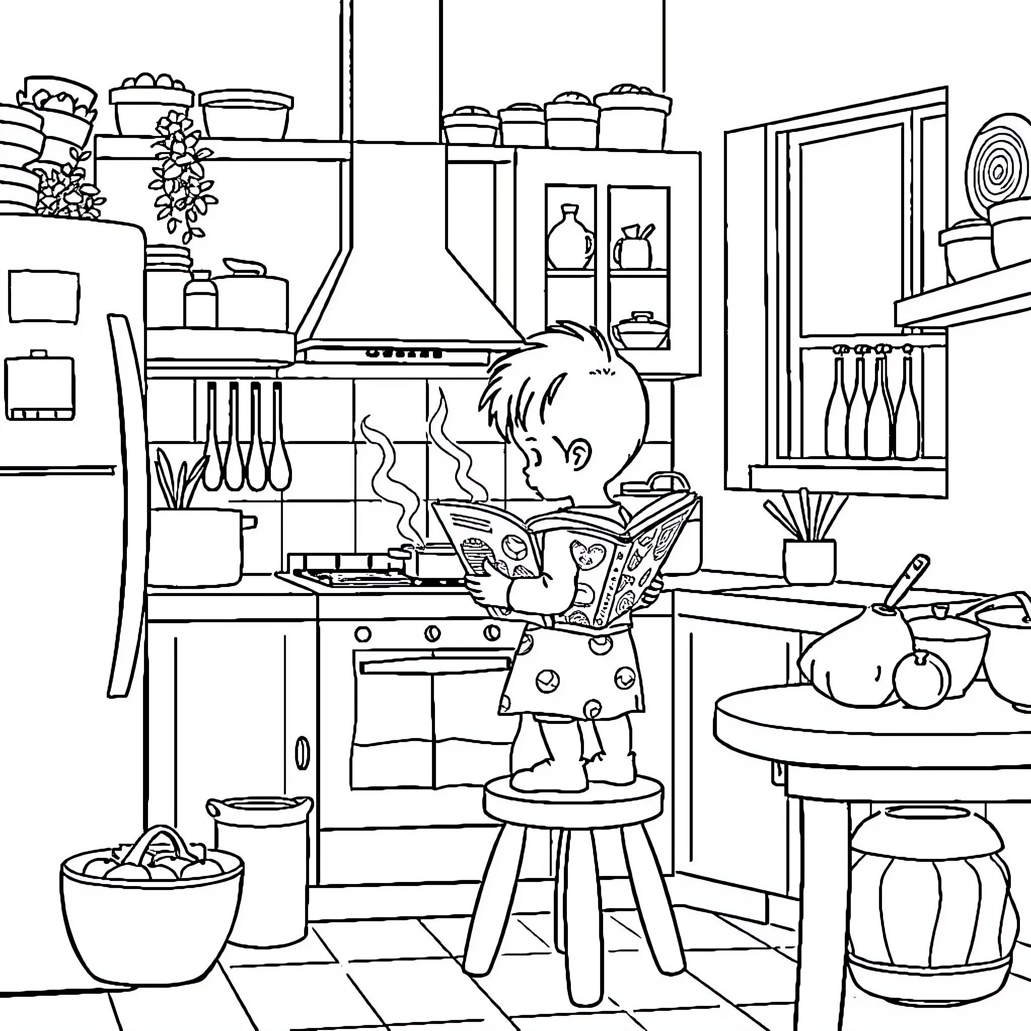 Child cooking in the kitchen Coloring Page (free black-and-white line drawing printable PDF for all, from beginners to advanced learners, including children, teens, adults, and seniors)
