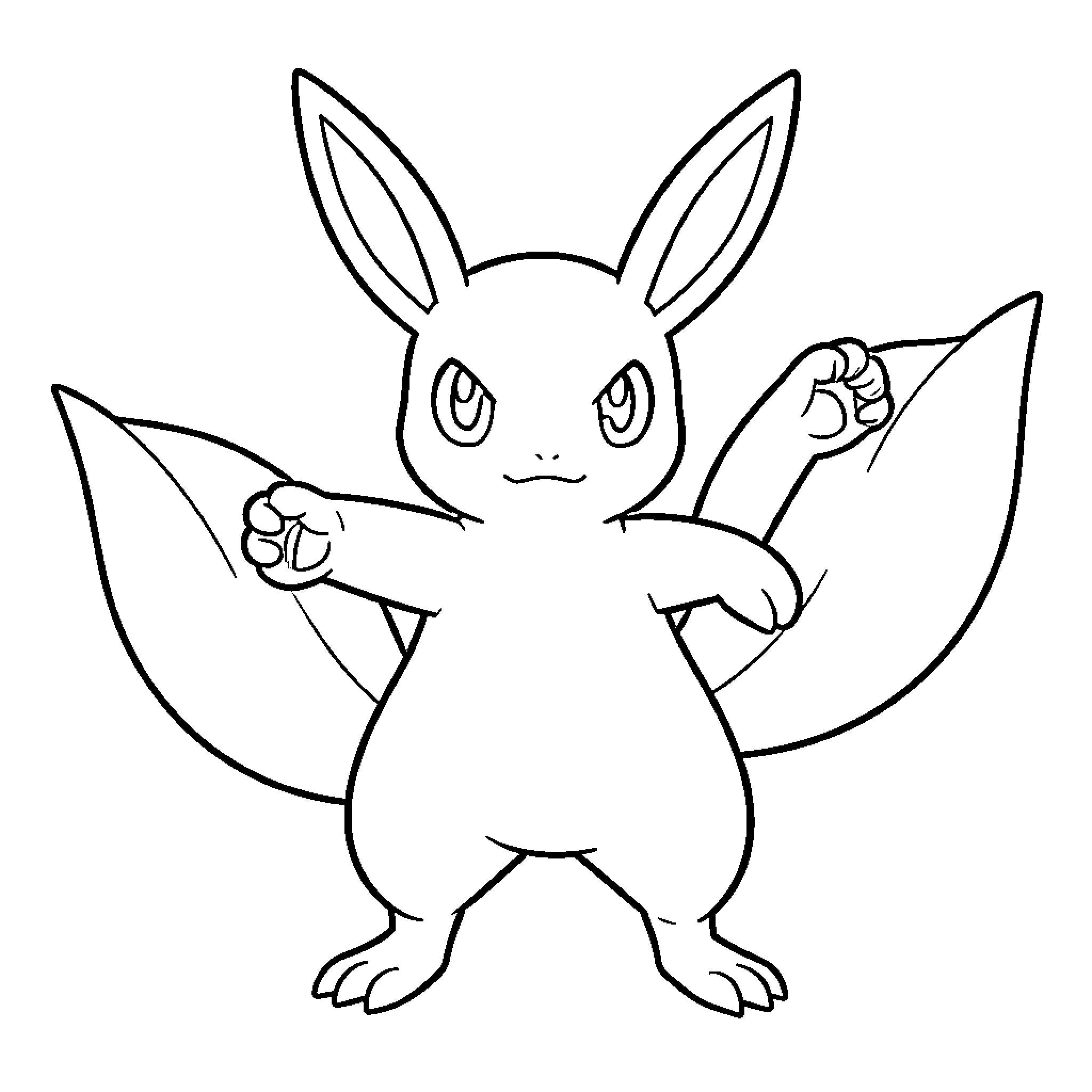 Raichu standing in a determined fighting pose Coloring Page (free black-and-white line drawing printable PDF for all, from beginners to advanced learners, including children, teens, adults, and seniors)