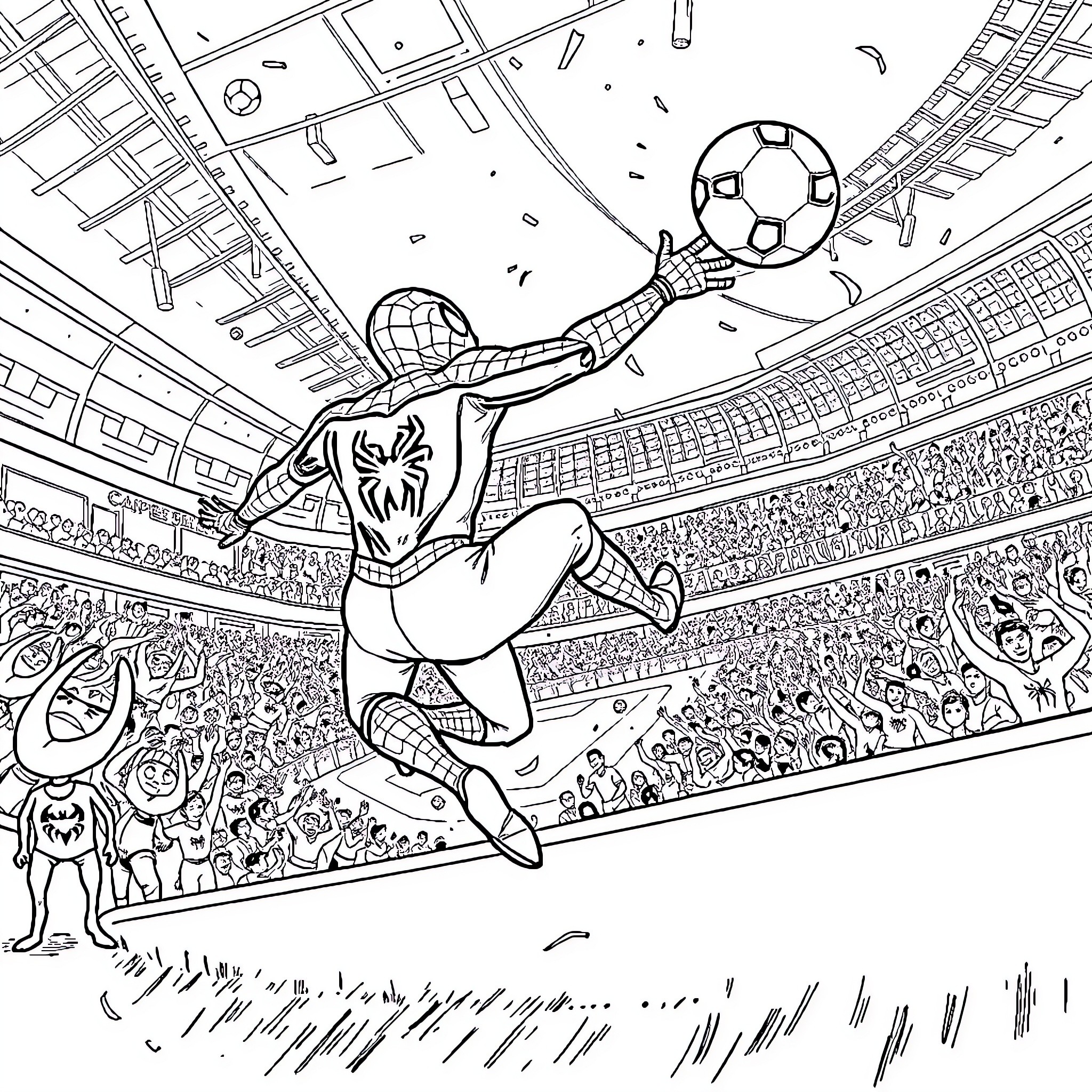 Spiderman soaring through the air in a soccer stadium Coloring Page (free black-and-white line drawing printable PDF for all, from beginners to advanced learners, including children, teens, adults, and seniors)