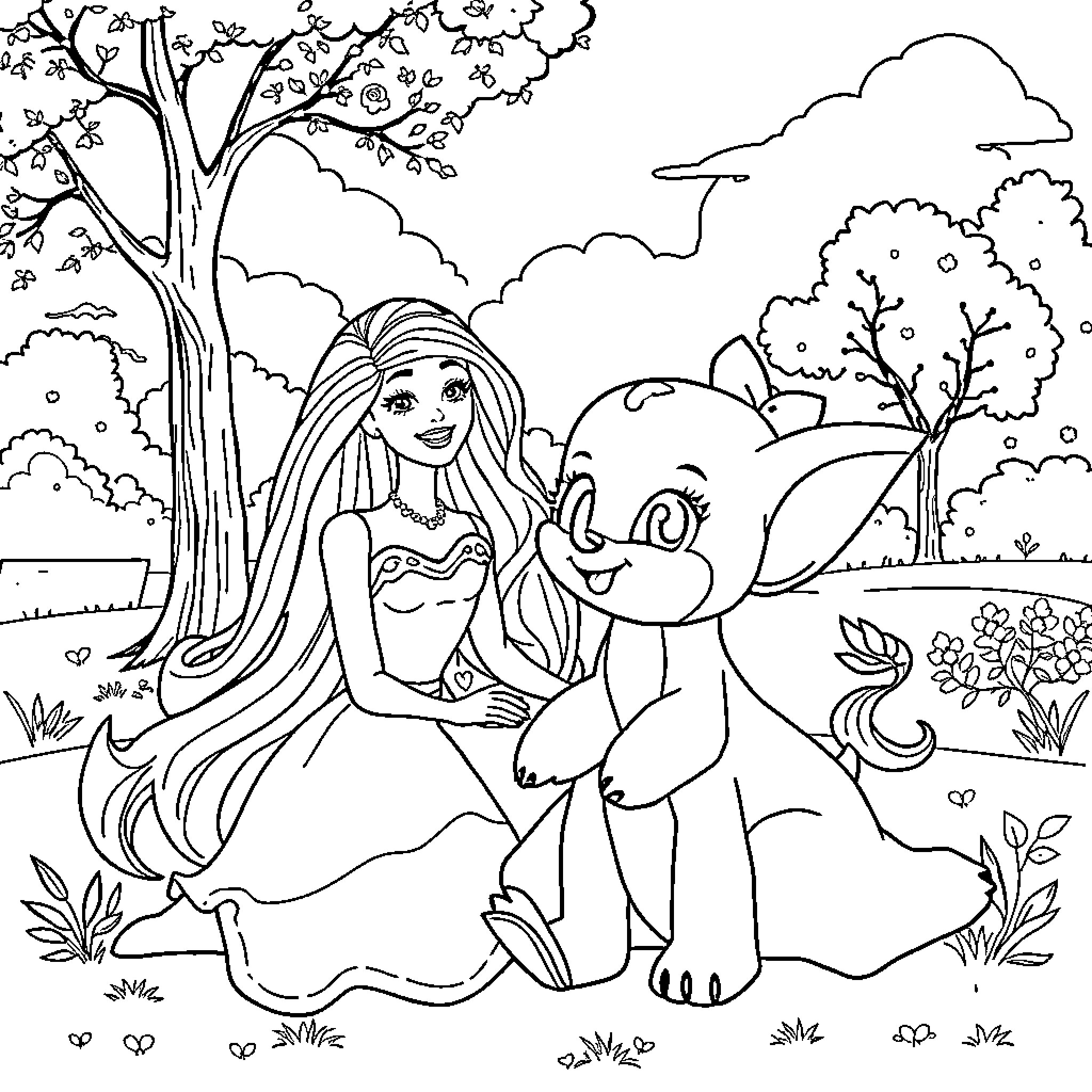 Barbie relaxing with animal friends in the garden Coloring Page (free black-and-white line drawing printable PDF for all, from beginners to advanced learners, including children, teens, adults, and seniors)