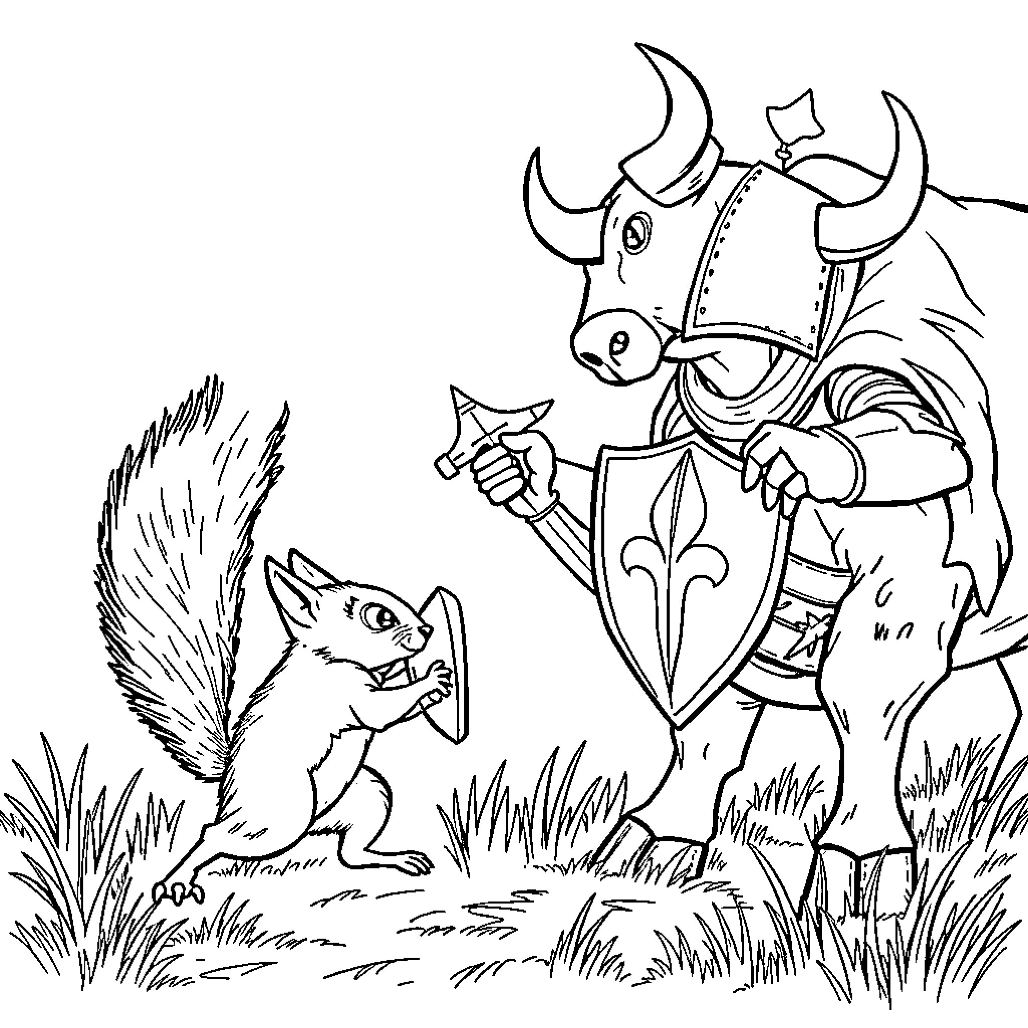 Squirrel confronting a medieval knight in the forest Coloring Page (free black-and-white line drawing printable PDF for all, from beginners to advanced learners, including children, teens, adults, and seniors)