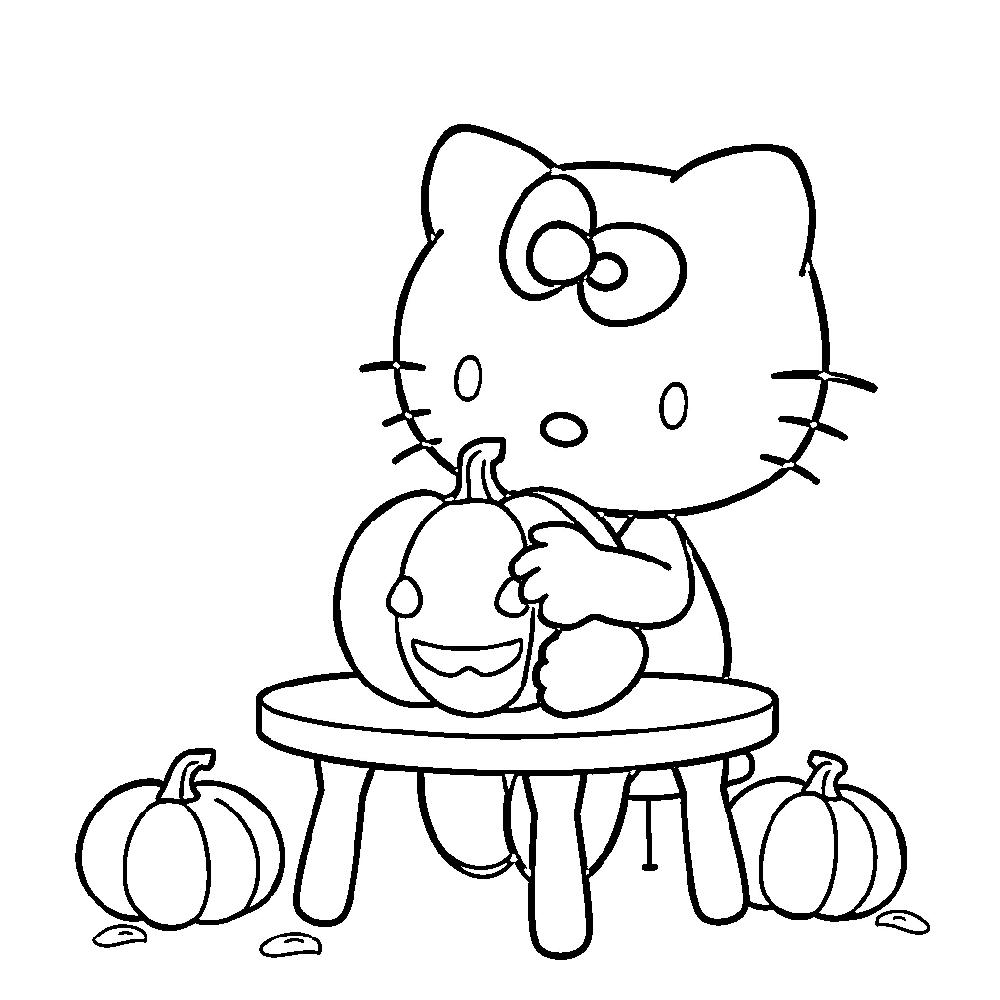 Hello Kitty enjoying pumpkins on table Coloring Page (free black-and-white line drawing printable PDF for all, from beginners to advanced learners, including children, teens, adults, and seniors)