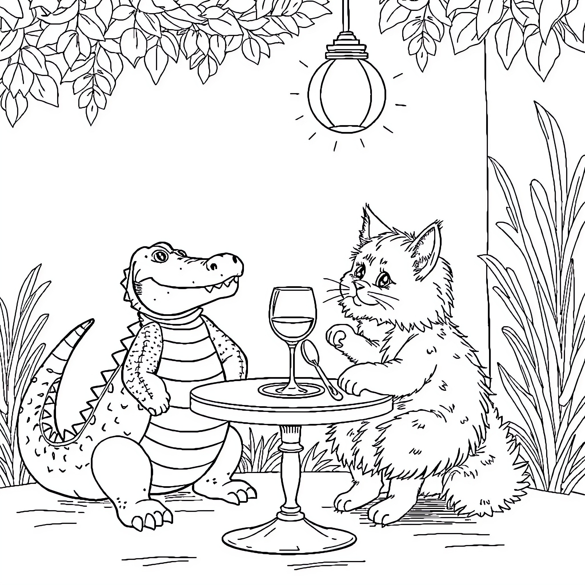 Cat and Alligator Having a Picnic in the Garden Coloring Page (free black-and-white line drawing printable PDF for all, from beginners to advanced learners, including children, teens, adults, and seniors)