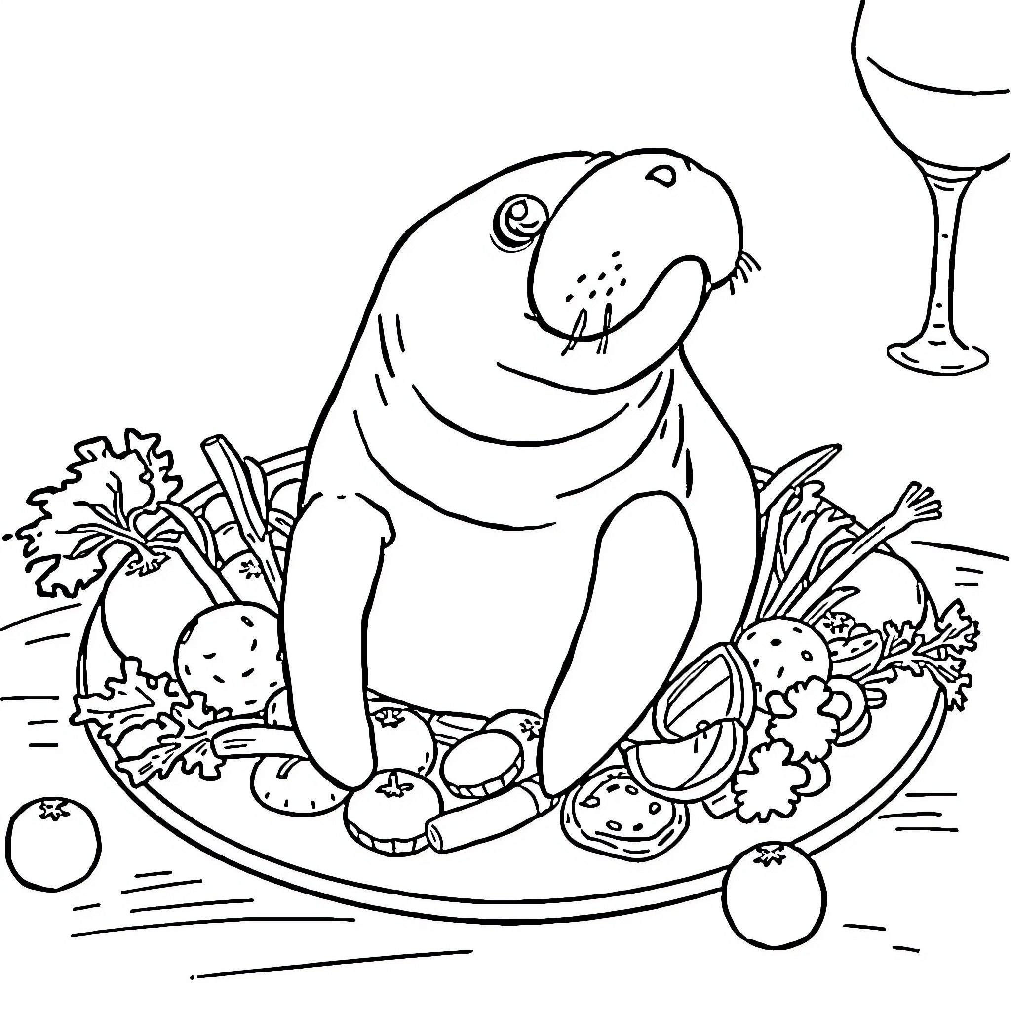 Manatee enjoying a festive meal Coloring Page (free black-and-white line drawing printable PDF for all, from beginners to advanced learners, including children, teens, adults, and seniors)