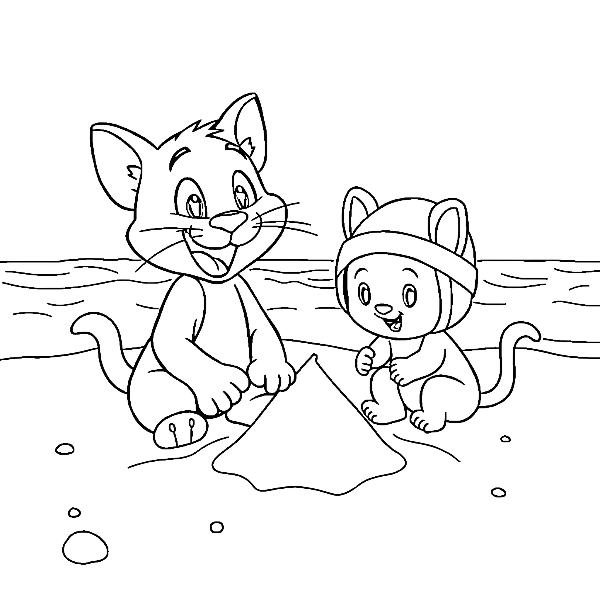 Tom and his companion exploring the outdoors Coloring Page (free black-and-white line drawing printable PDF for all, from beginners to advanced learners, including children, teens, adults, and seniors)