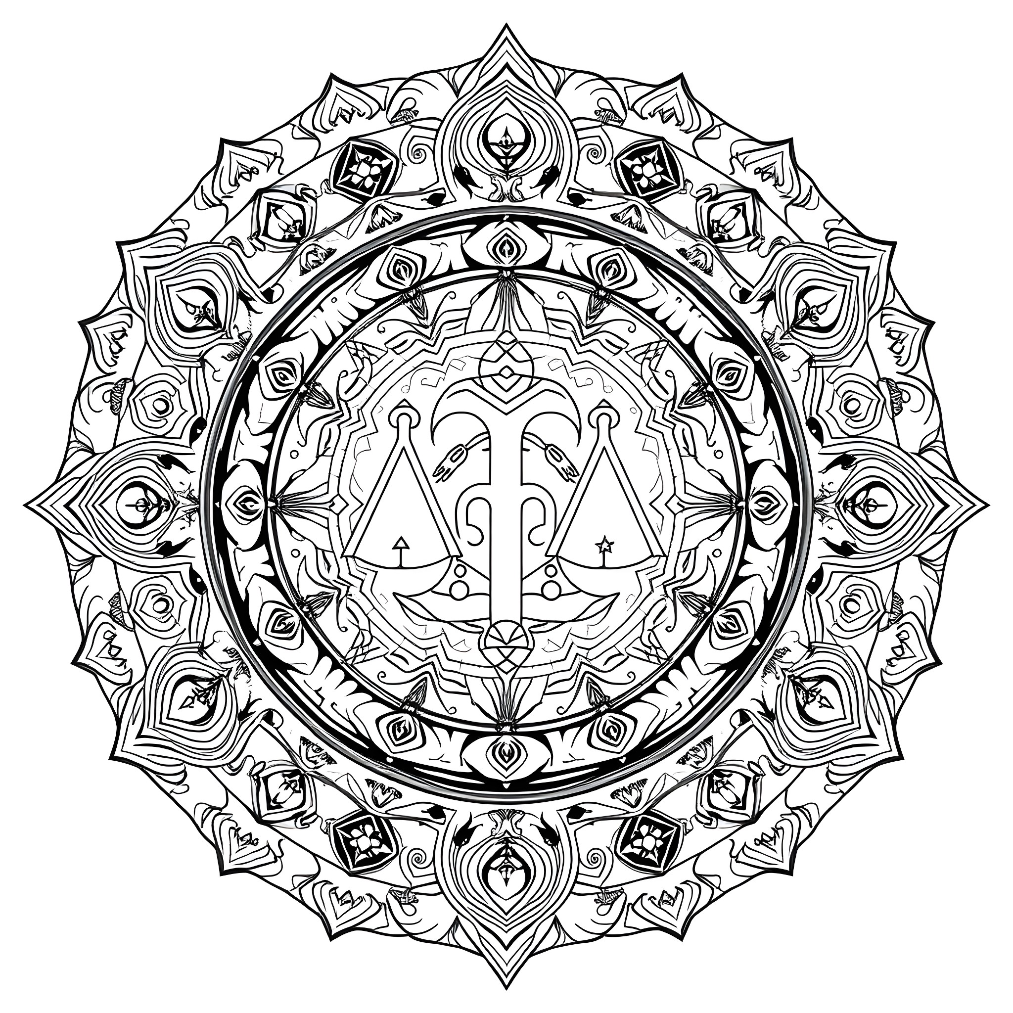 Mandala with complex geometric patterns and symbolic shapes Coloring Page (free black-and-white line drawing printable PDF for all, from beginners to advanced learners, including children, teens, adults, and seniors)