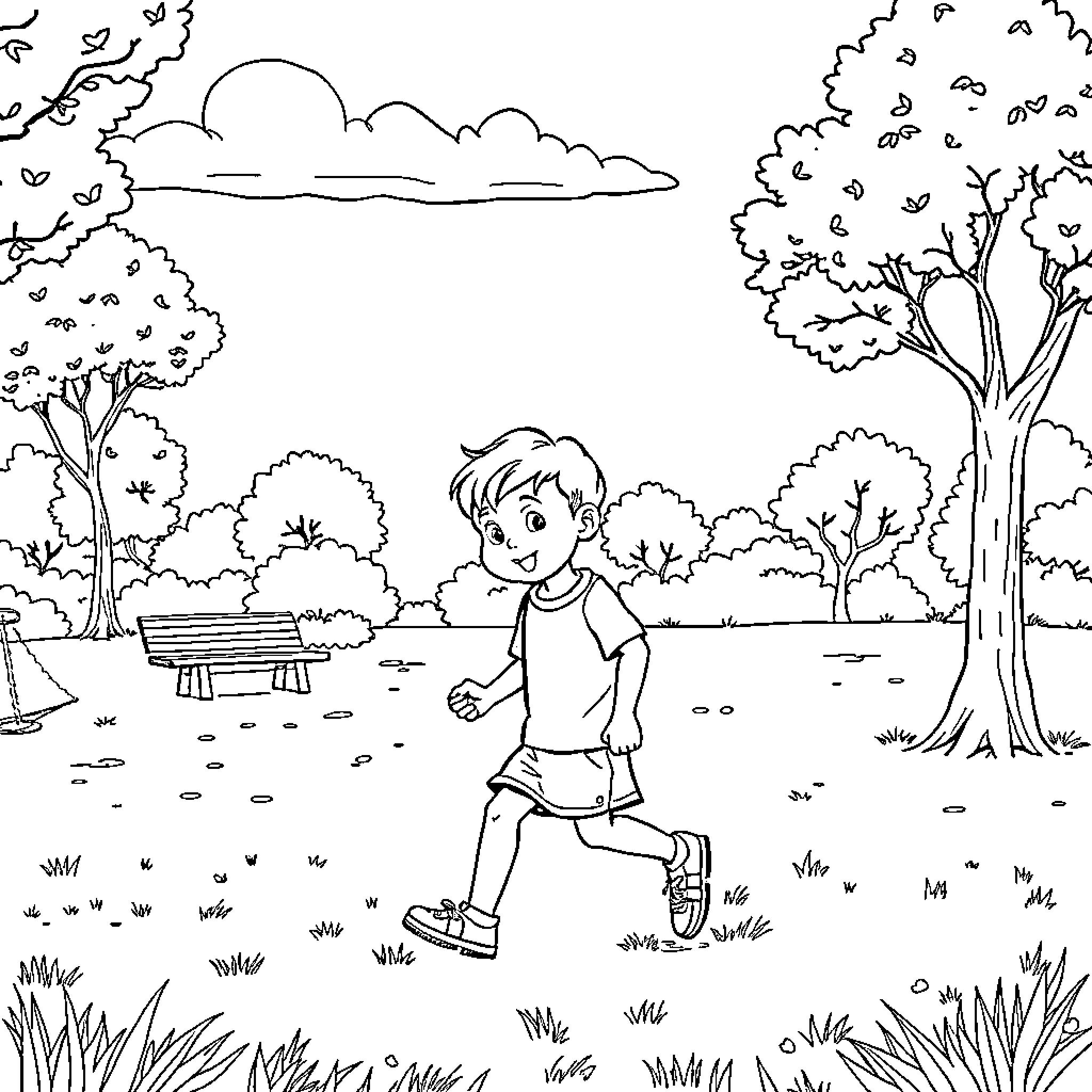 Preteen Boy Playing Outdoors in Nature Coloring Page (free black-and-white line drawing printable PDF for all, from beginners to advanced learners, including children, teens, adults, and seniors)