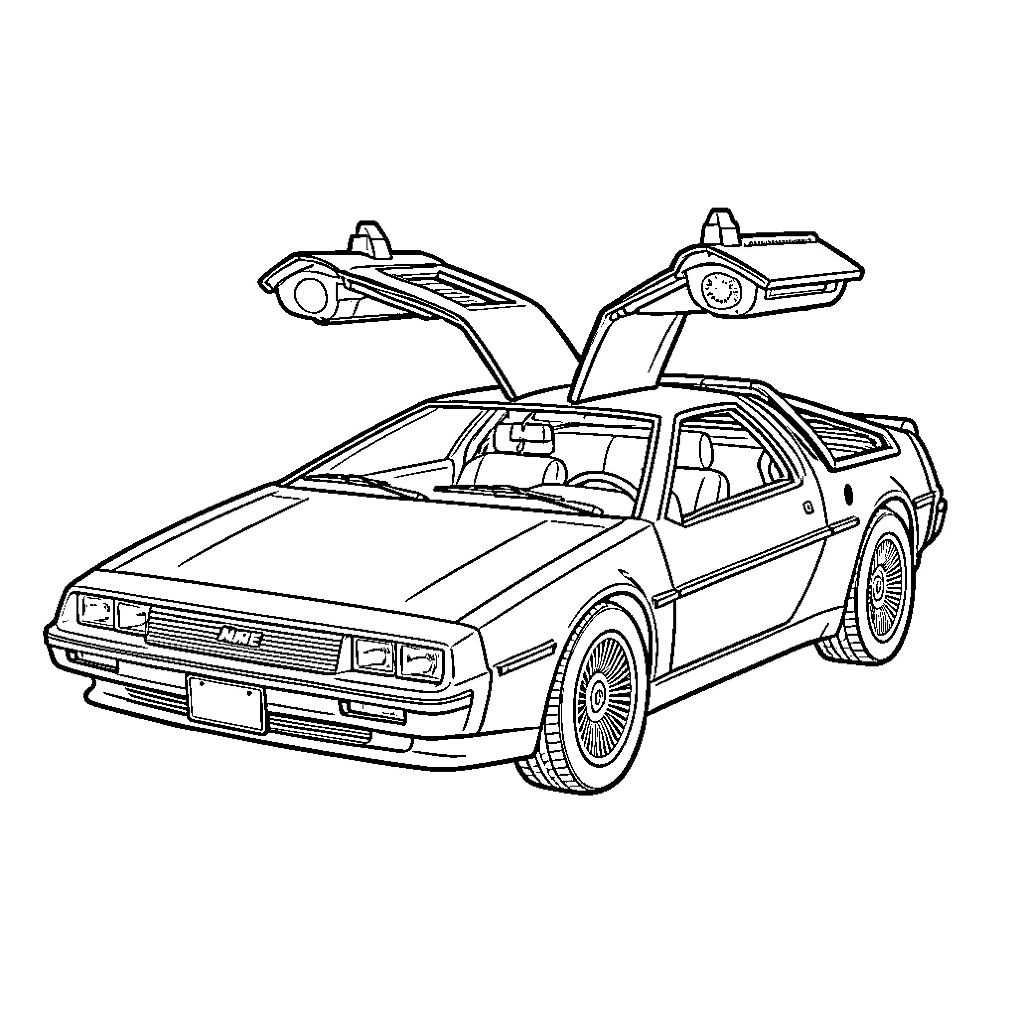 DeLorean with gull-wing doors open in a parked position Coloring Page (free black-and-white line drawing printable PDF for all, from beginners to advanced learners, including children, teens, adults, and seniors)