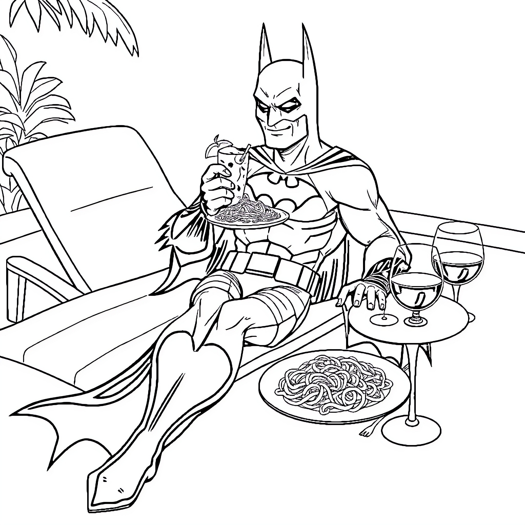 Batman enjoying a meal and drink on the beach Coloring Page (free black-and-white line drawing printable PDF for all, from beginners to advanced learners, including children, teens, adults, and seniors)