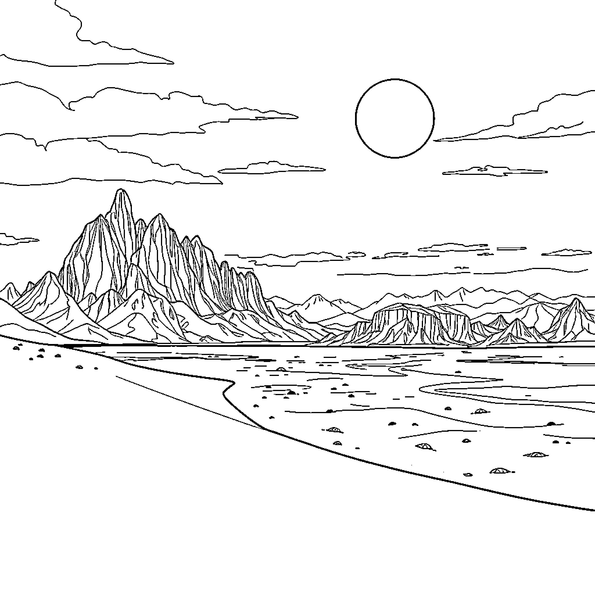Landscape with mountainous terrain and distant moon Coloring Page (free black-and-white line drawing printable PDF for all, from beginners to advanced learners, including children, teens, adults, and seniors)