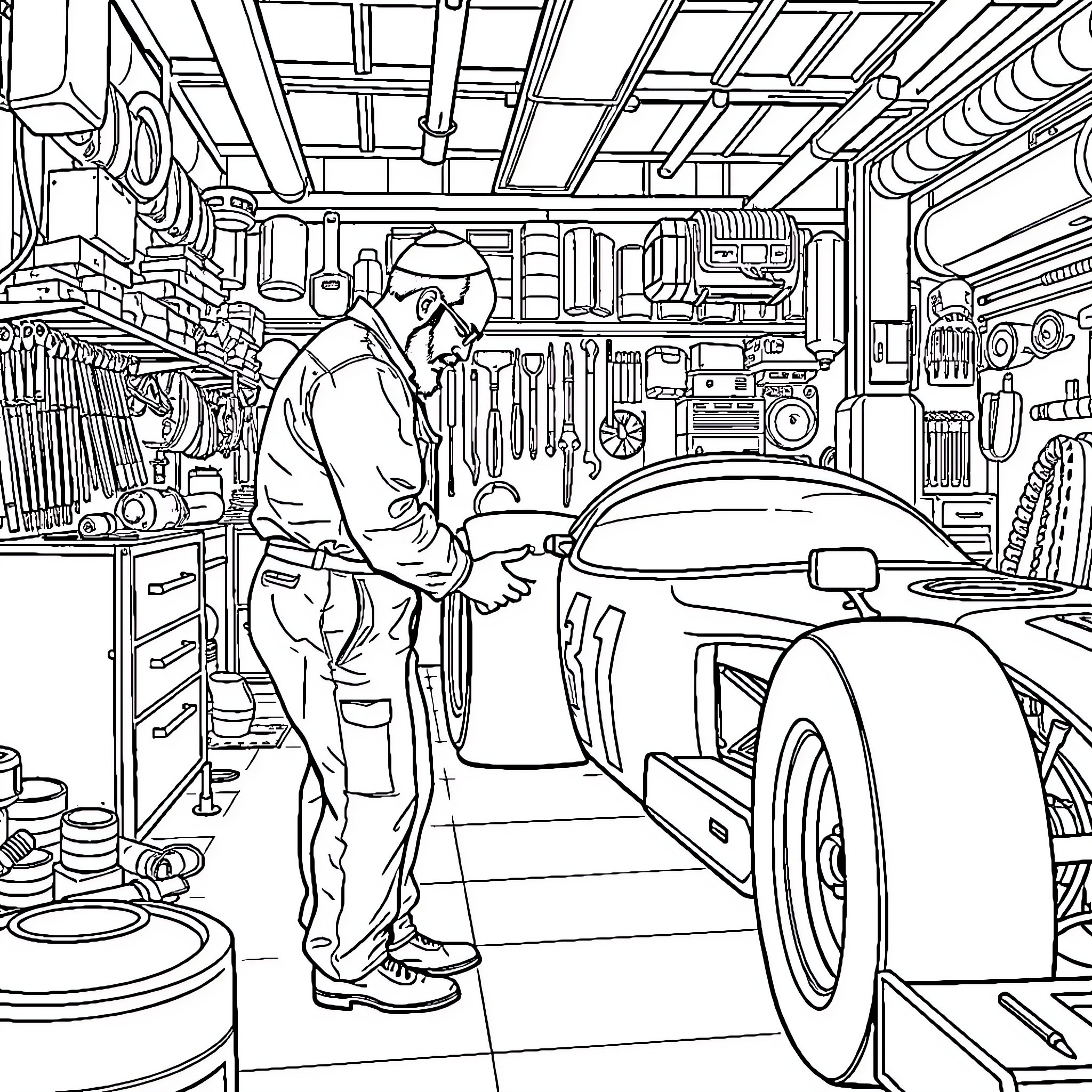 Rabbi Inspecting Car in Auto Repair Shop Coloring Page (free black-and-white line drawing printable PDF for all, from beginners to advanced learners, including children, teens, adults, and seniors)