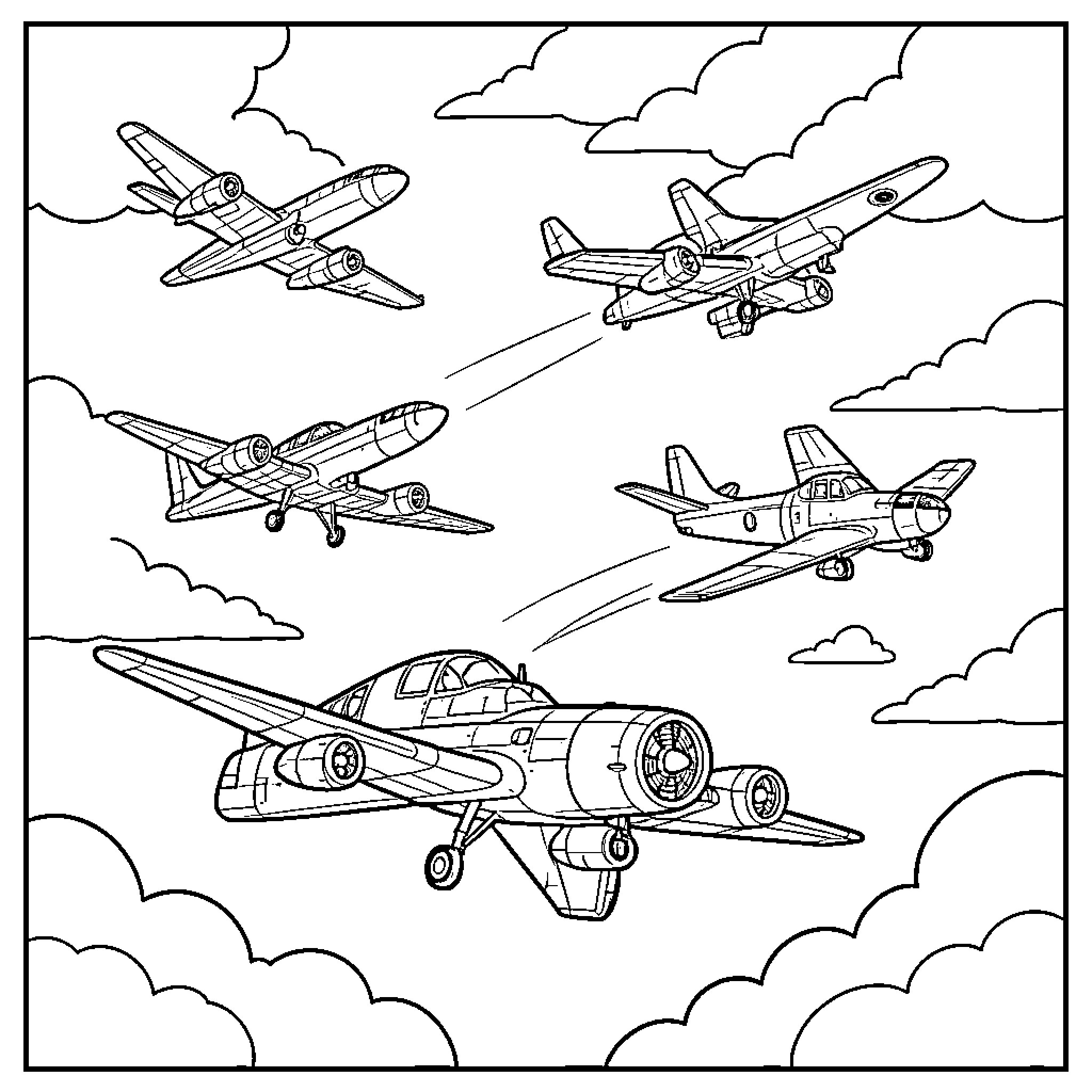 Airplane fleet flying through the clouds Coloring Page (free black-and-white line drawing printable PDF for all, from beginners to advanced learners, including children, teens, adults, and seniors)